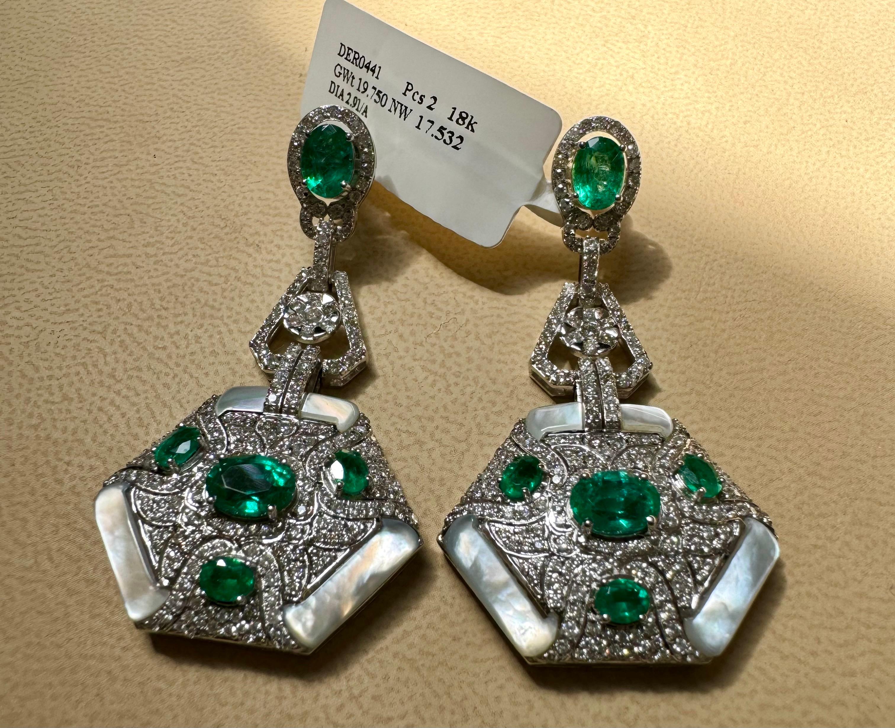 4.3 Carat Emerald & 2.91 Ct Diamond With MOP Hanging Earrings 18 Kt White Gold In New Condition For Sale In New York, NY