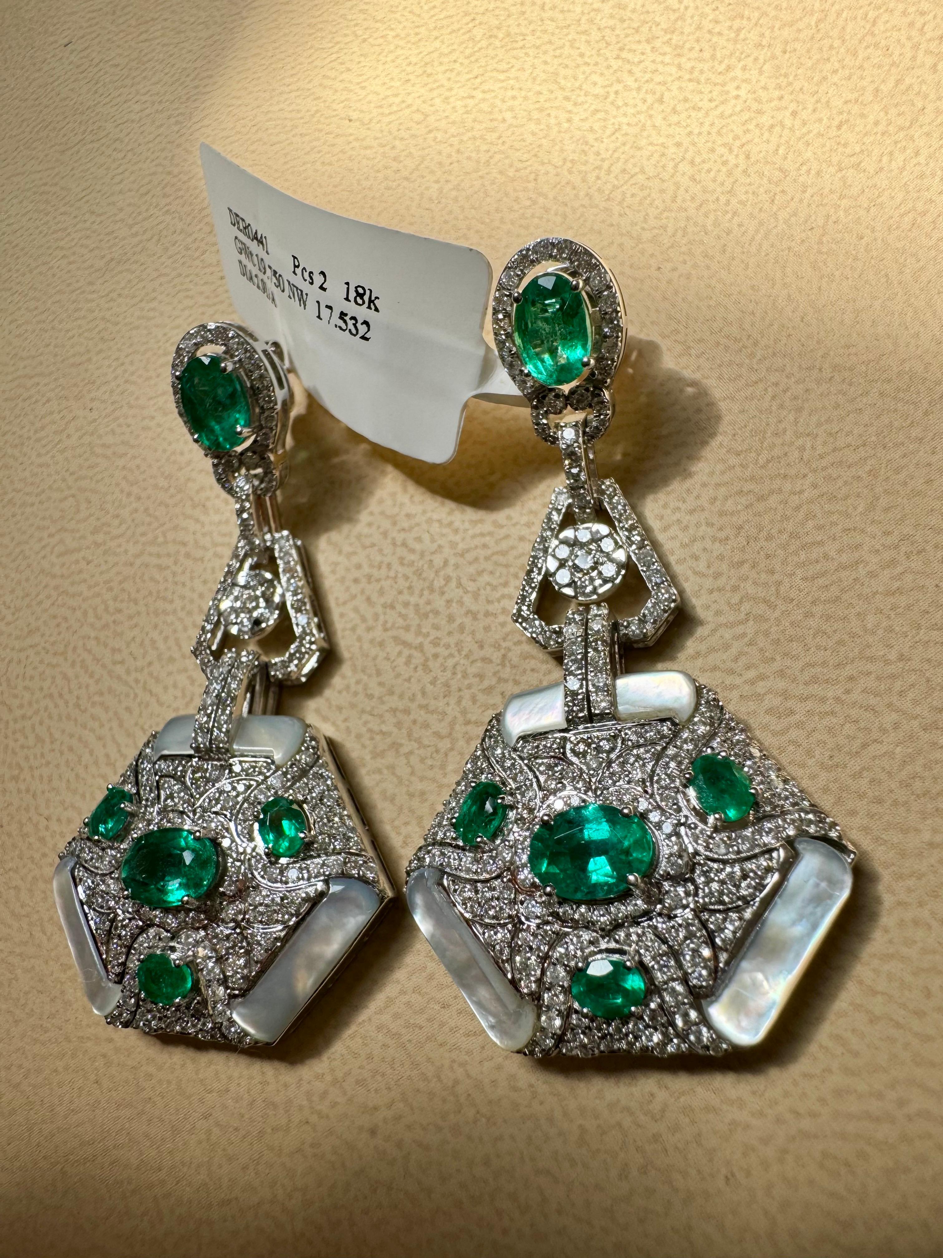 4.3 Carat Emerald & 2.91 Ct Diamond With MOP Hanging Earrings 18 Kt White Gold For Sale 1