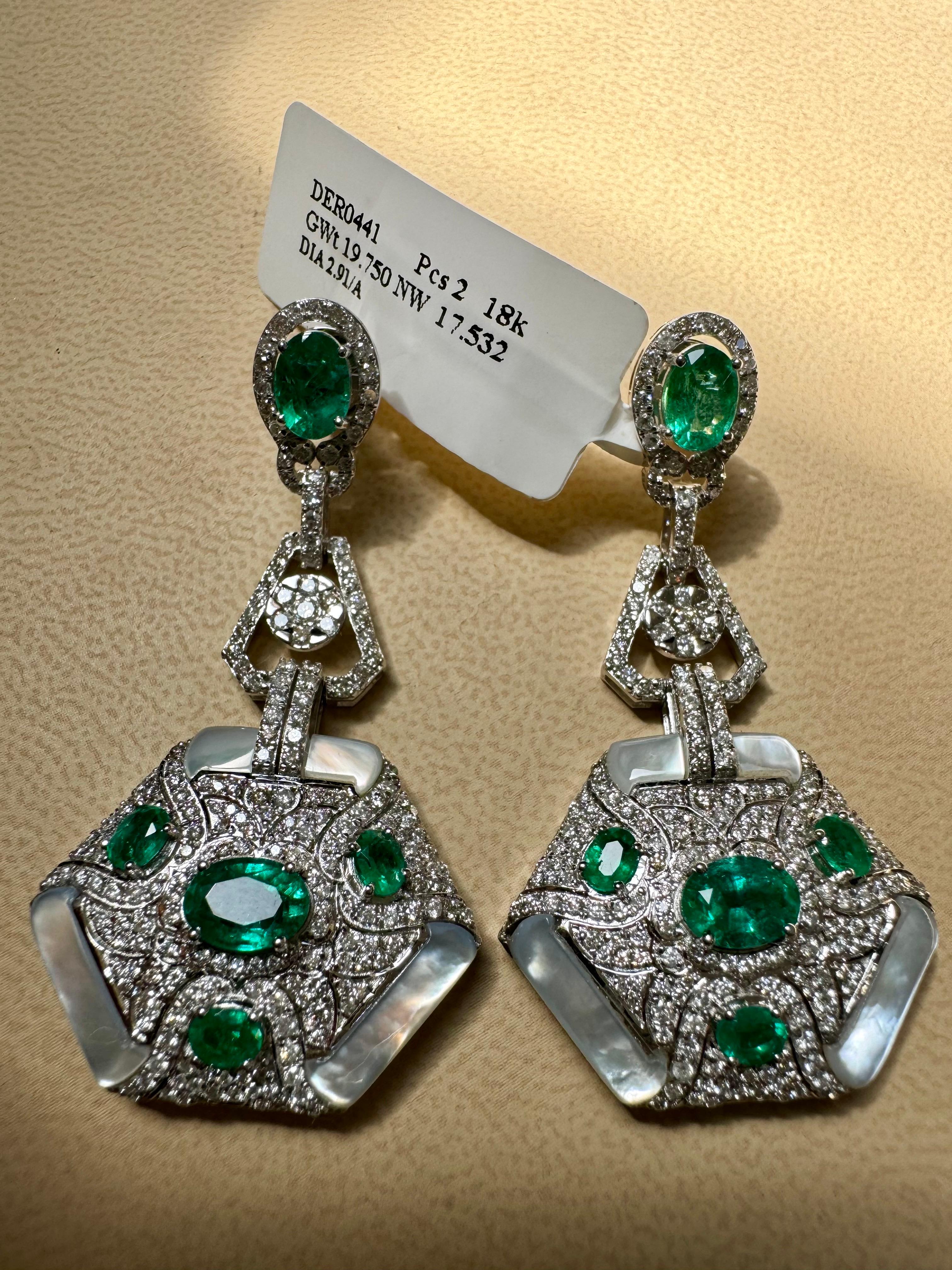 4.3 Carat Emerald & 2.91 Ct Diamond With MOP Hanging Earrings 18 Kt White Gold For Sale 2
