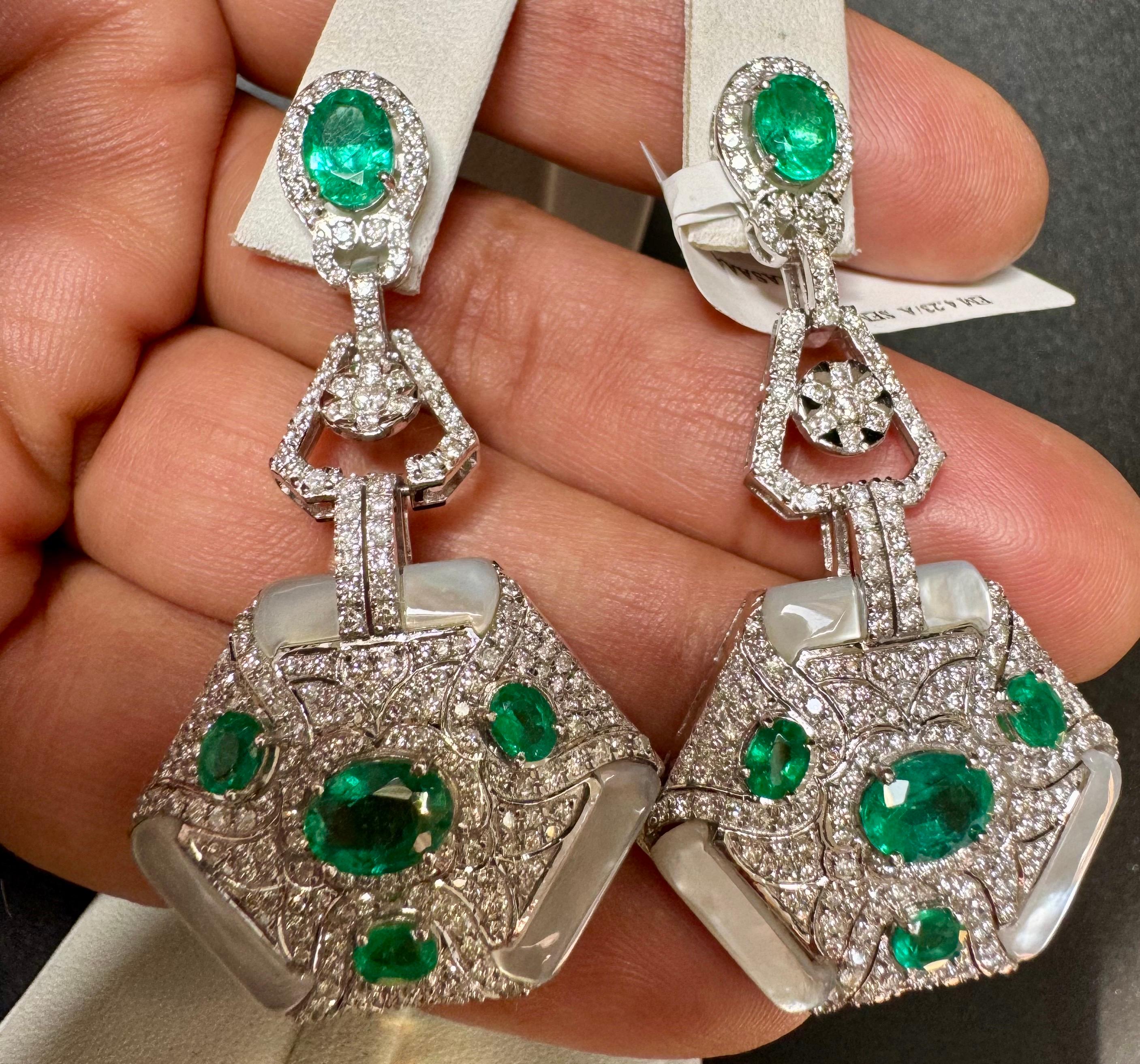 4.3 Carat Emerald & 2.91 Ct Diamond With MOP Hanging Earrings 18 Kt White Gold For Sale 3