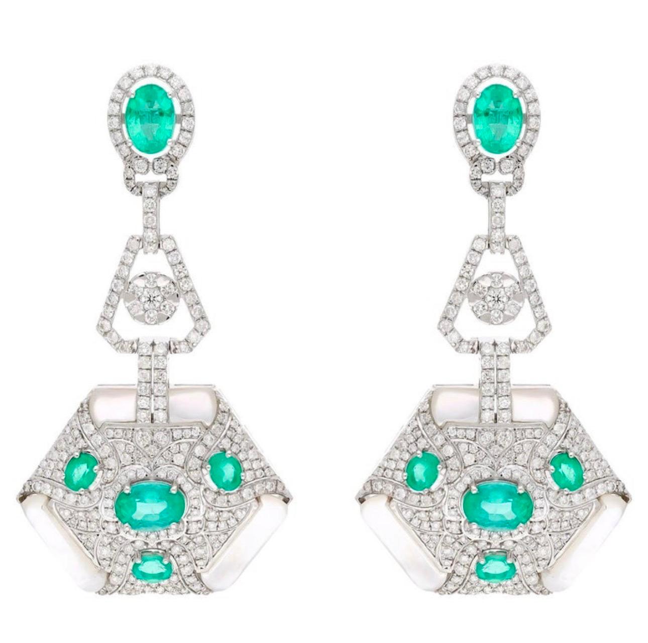 4.3 Carat Emerald & 2.91 Ct Diamond With MOP Hanging Earrings 18 Kt White Gold