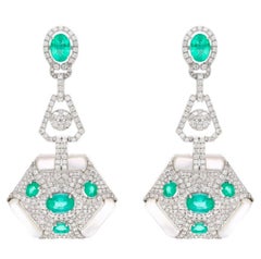 4.3 Carat Emerald & 2.91 Ct Diamond With MOP Hanging Earrings 18 Kt White Gold