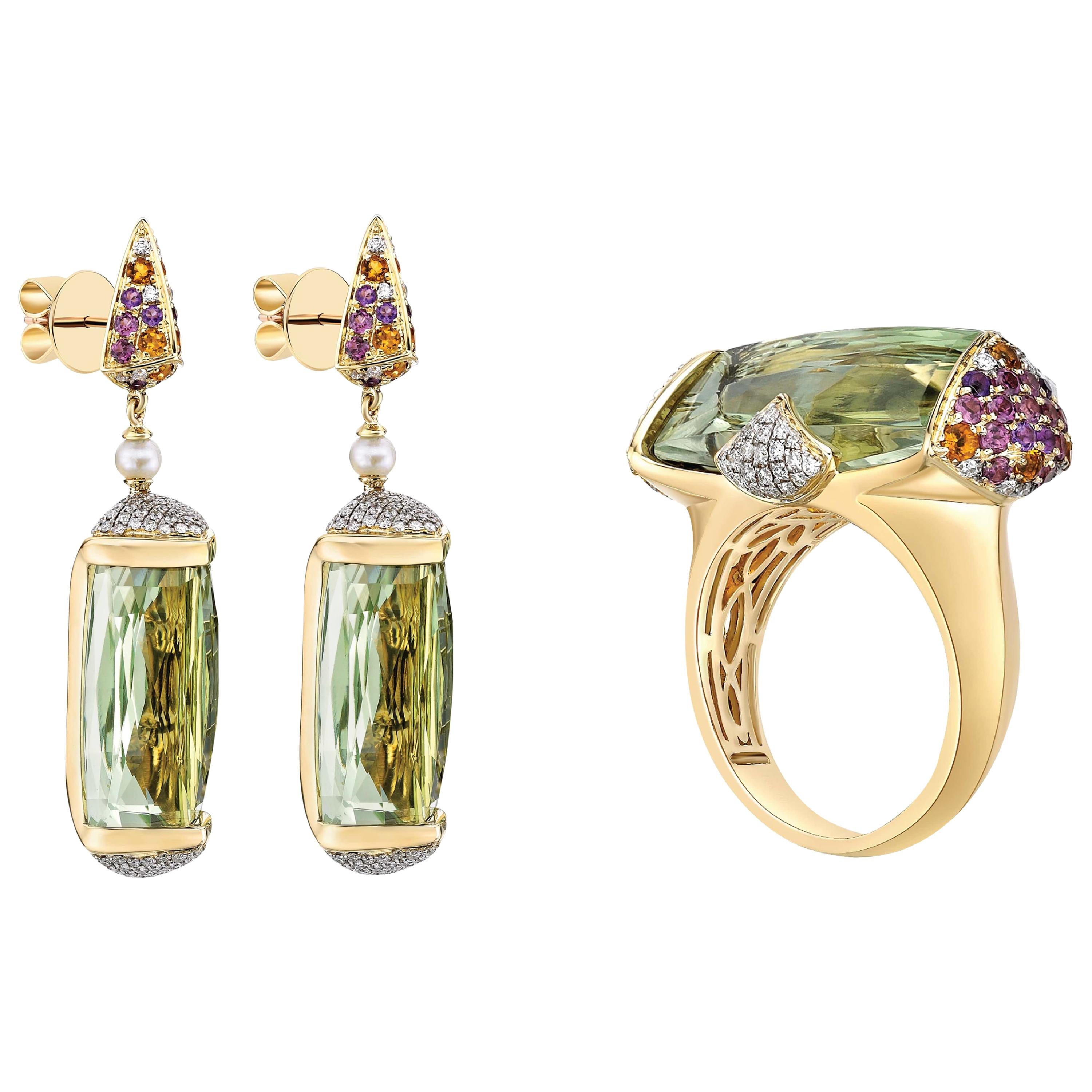 43 Carat Green Amethyst and Diamond Ring and Earring Set in 18 Karat Yellow Gold