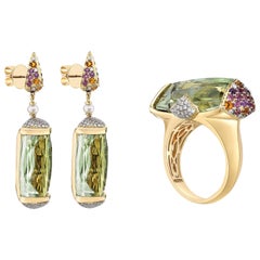 43 Carat Green Amethyst and Diamond Ring and Earring Set in 18 Karat Yellow Gold