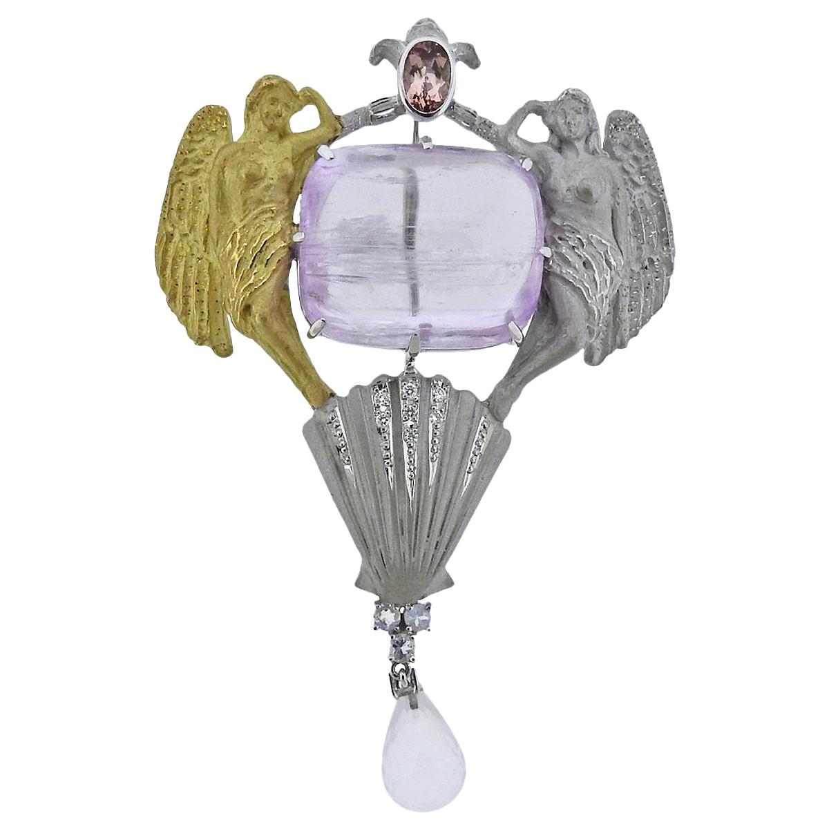 43 Carat Kunzite Diamond Gemstone Gold Angel Pendant Brooch For Sale