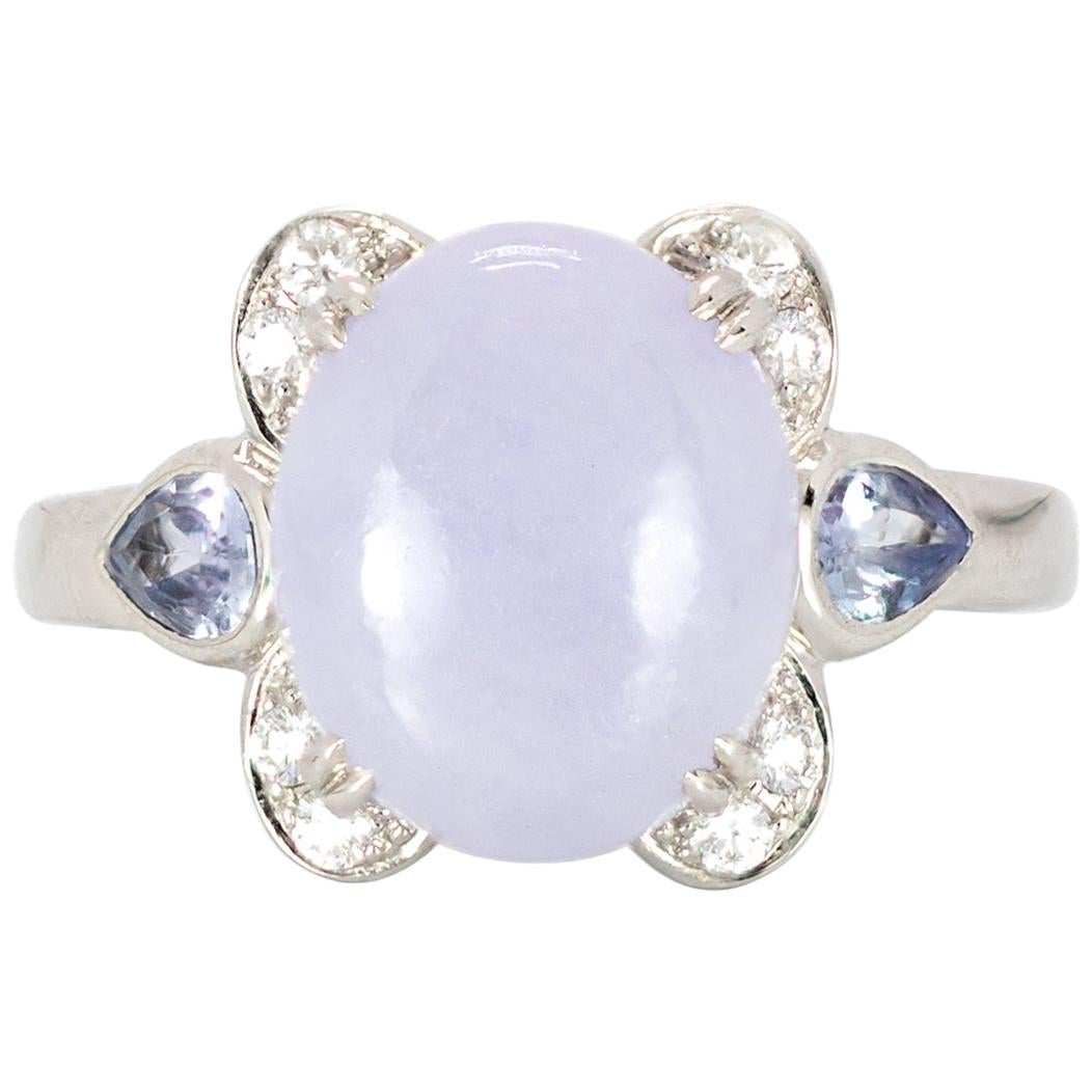 4.3 Carat Lavender Jadeite Ring with 1.02 Carat of Tanzanite and Diamonds Set For Sale