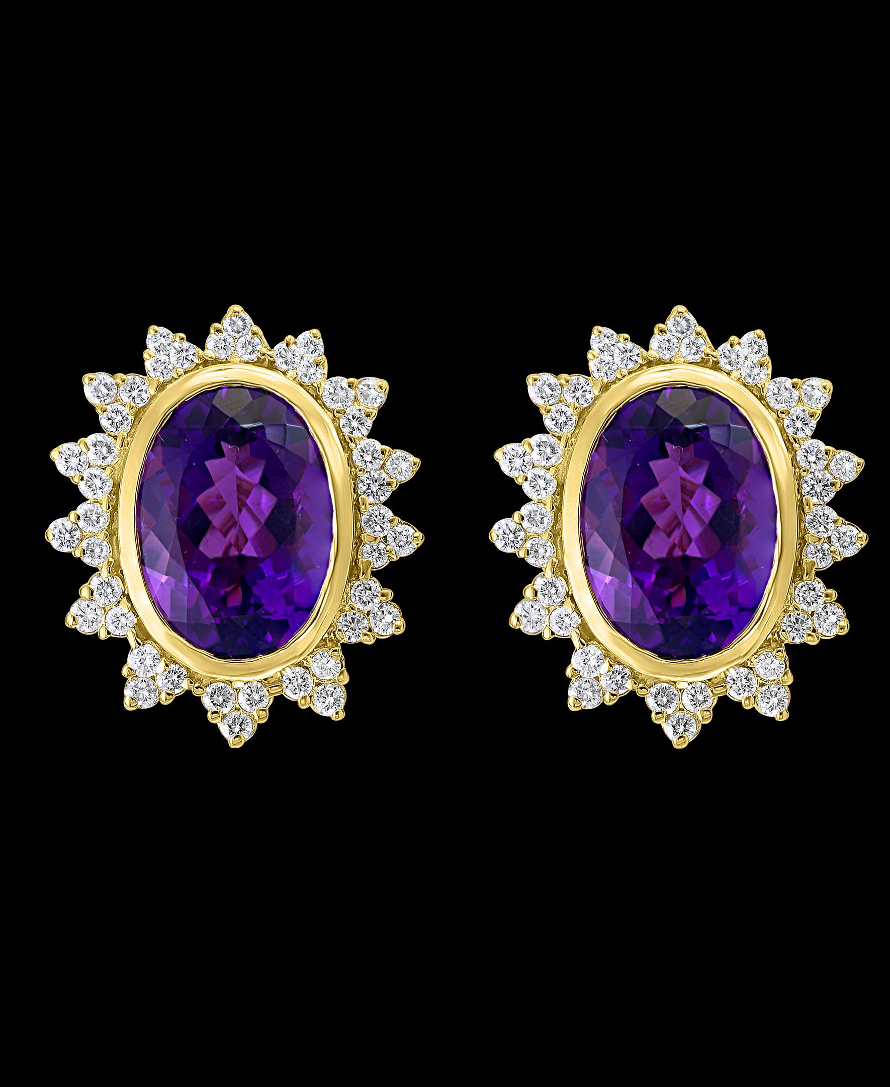 43 Carat  Natural Amethyst  & Diamond Cocktail  Earring , 18 Karat Yellow Gold
Very desirable color and quality.
perfect pair made in 18 Karat Yellow gold
Gold 29 Grams
 Diamonds: approximate 4.8 ct 
Earring  can be worn as Clip earrings as  we can