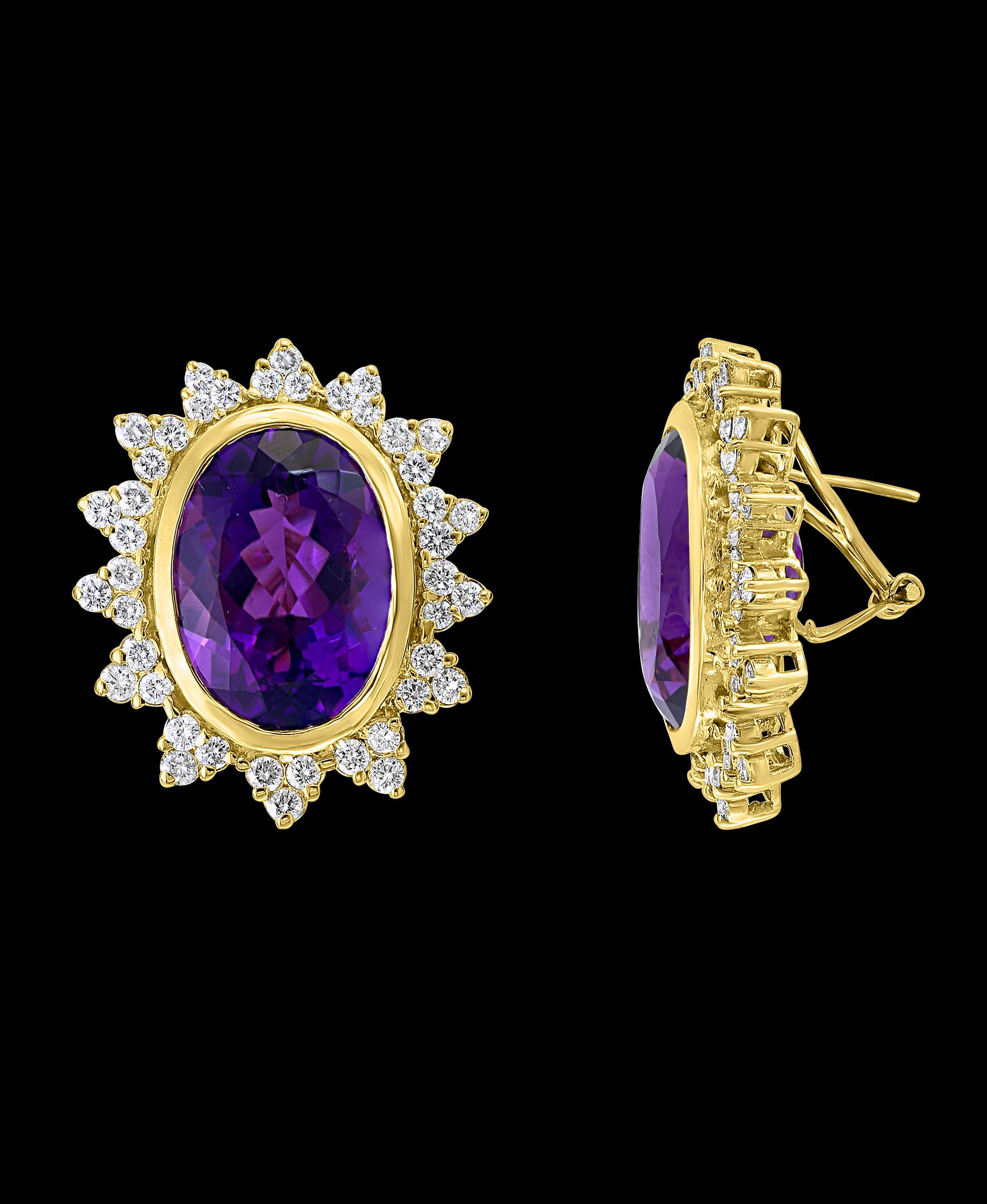 Oval Cut 43 Carat Natural Amethyst and Diamond Cocktail Earring, 18 Karat Yellow Gold For Sale