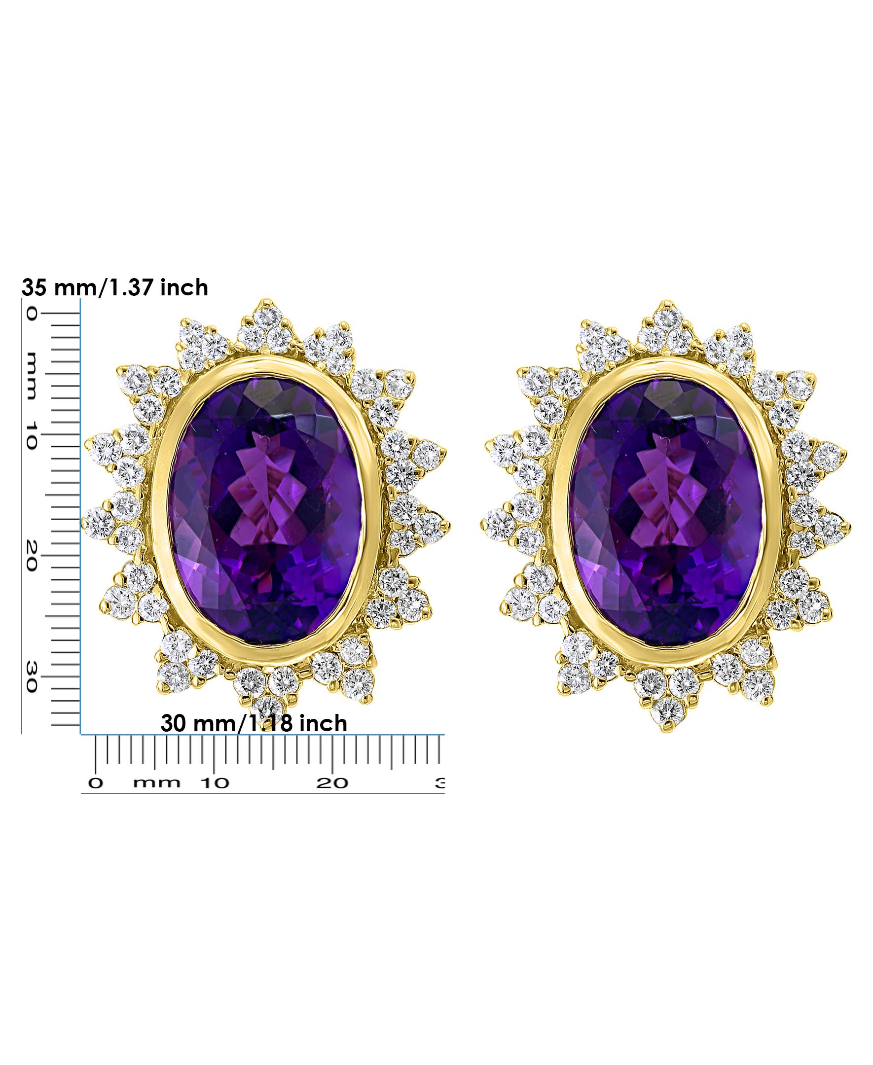 43 Carat Natural Amethyst and Diamond Cocktail Earring, 18 Karat Yellow Gold In Excellent Condition For Sale In New York, NY