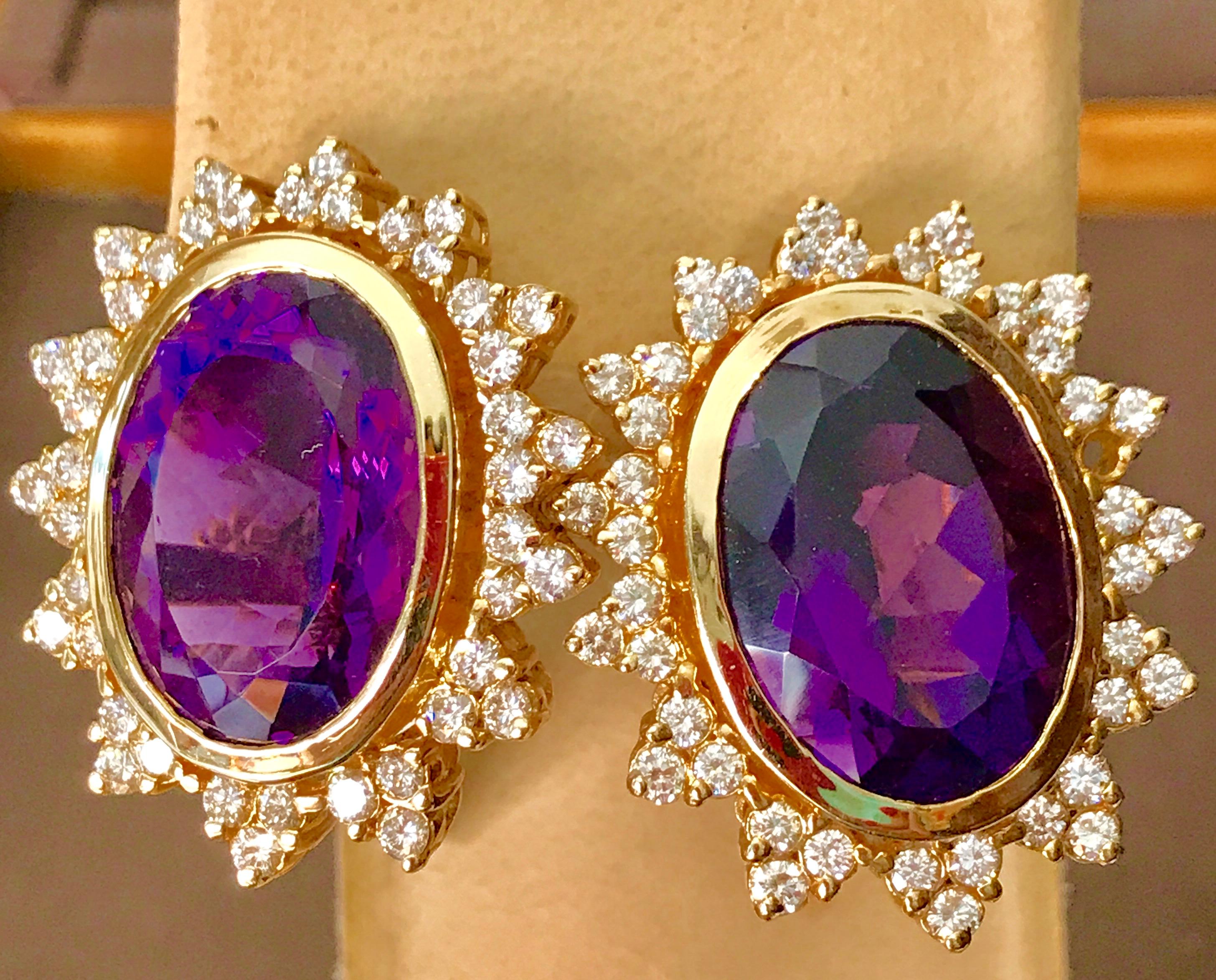 43 Carat Natural Amethyst and Diamond Cocktail Earring, 18 Karat Yellow Gold For Sale 1