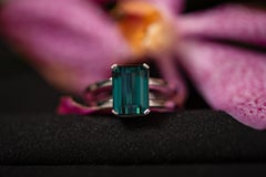 4.3 Carat Natural Brazilian Tourmaline Indigolite 18 Karat White Gold Plain Ring