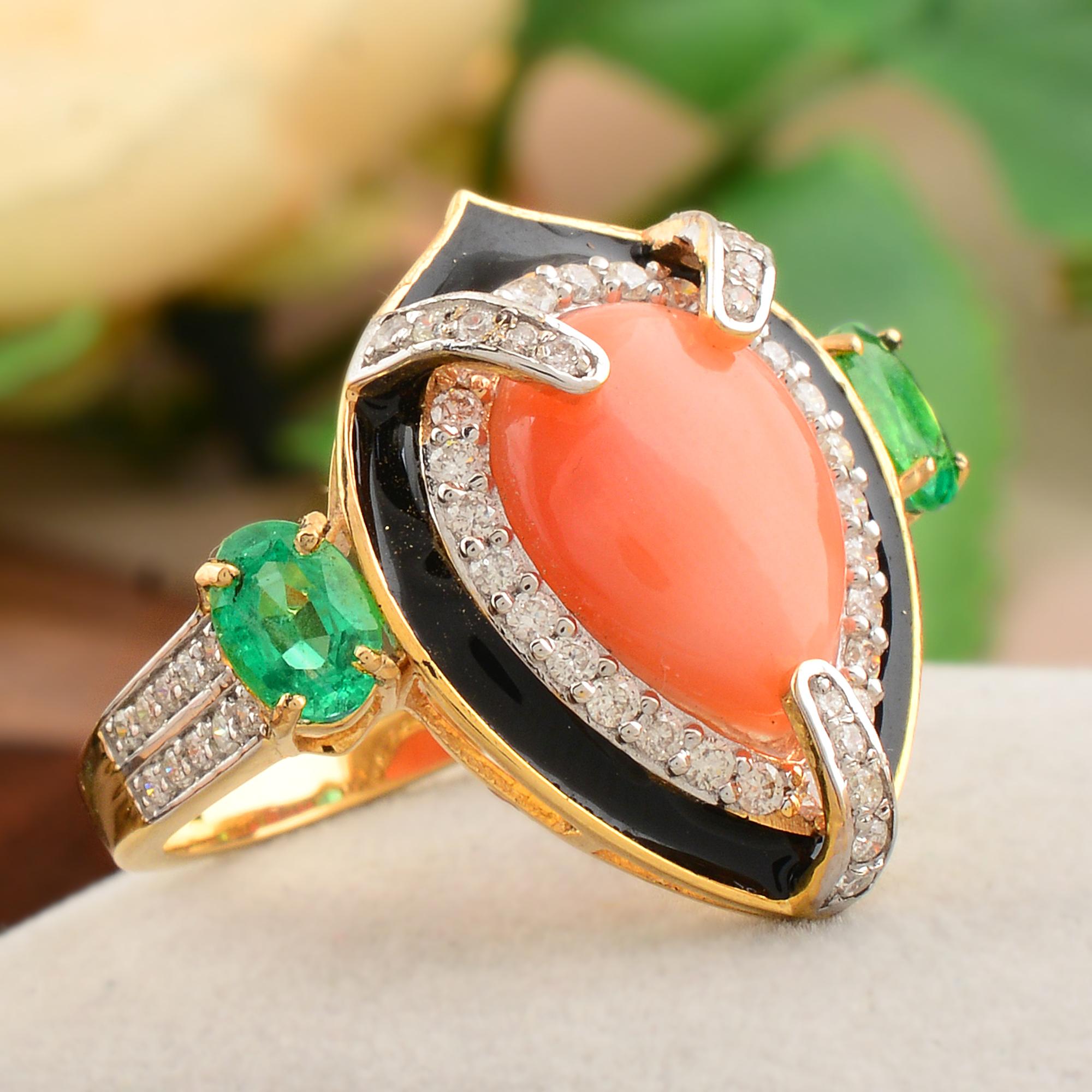 4.3 Quilates Esmeralda Coral Pera 0.60 Quilates Diamante Oro Amarillo 14k Anillo Esmaltado Joyería Corte pera en venta