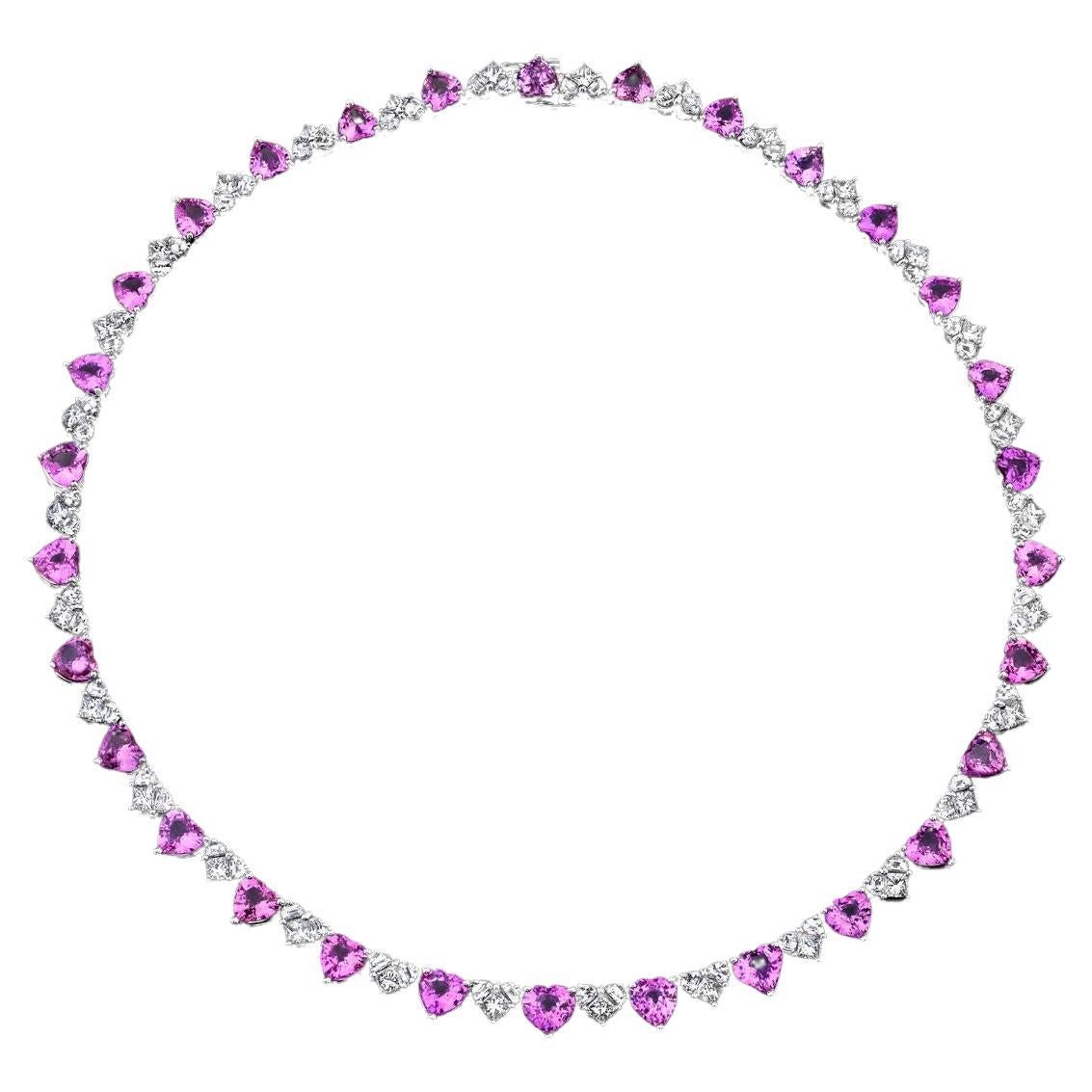 Modern 43 Carat Pink Sapphire and Diamond Heart Shape Necklace 