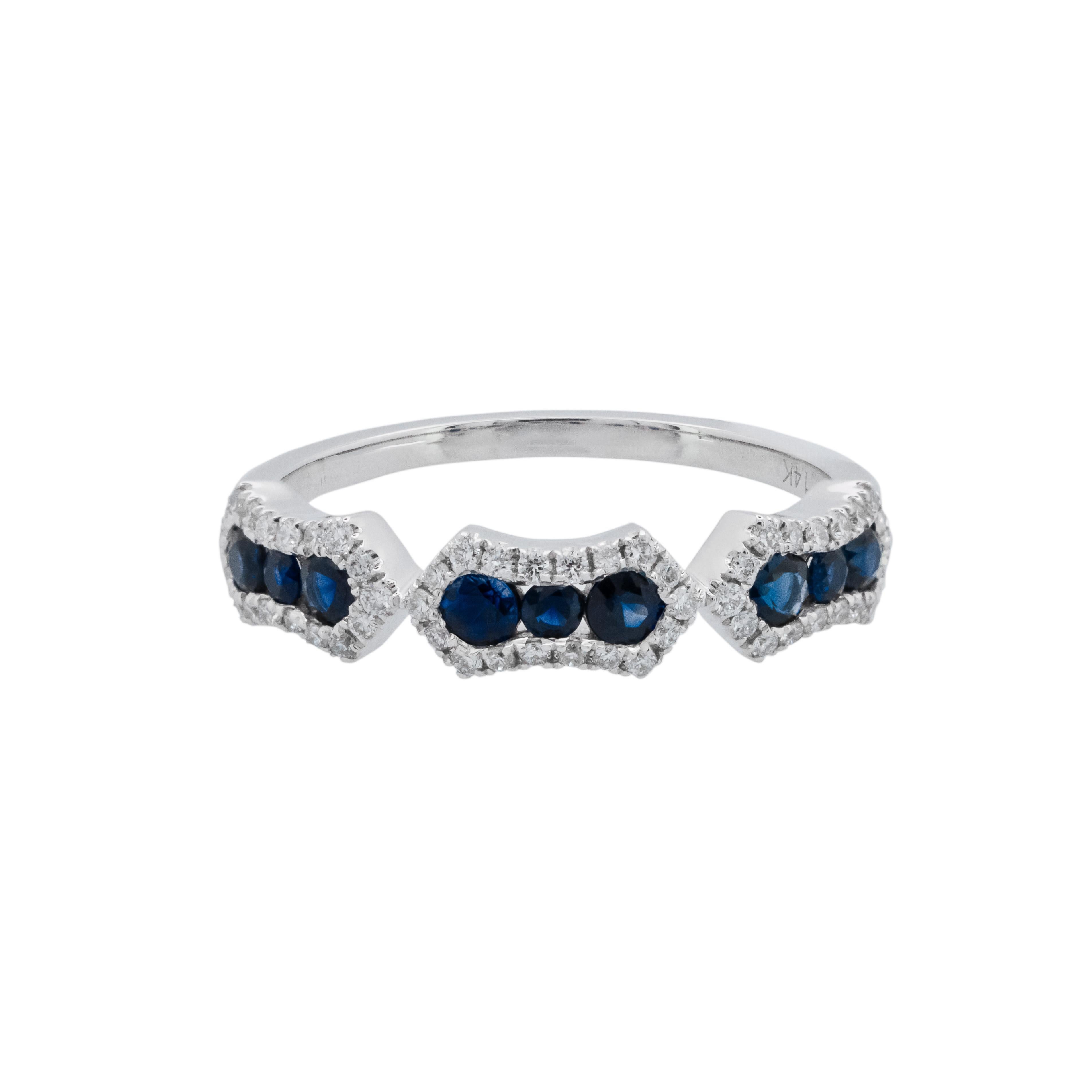 Women's .43 Carat Round Sapphire Diamond Halo White Gold Wedding Band Ring For Sale