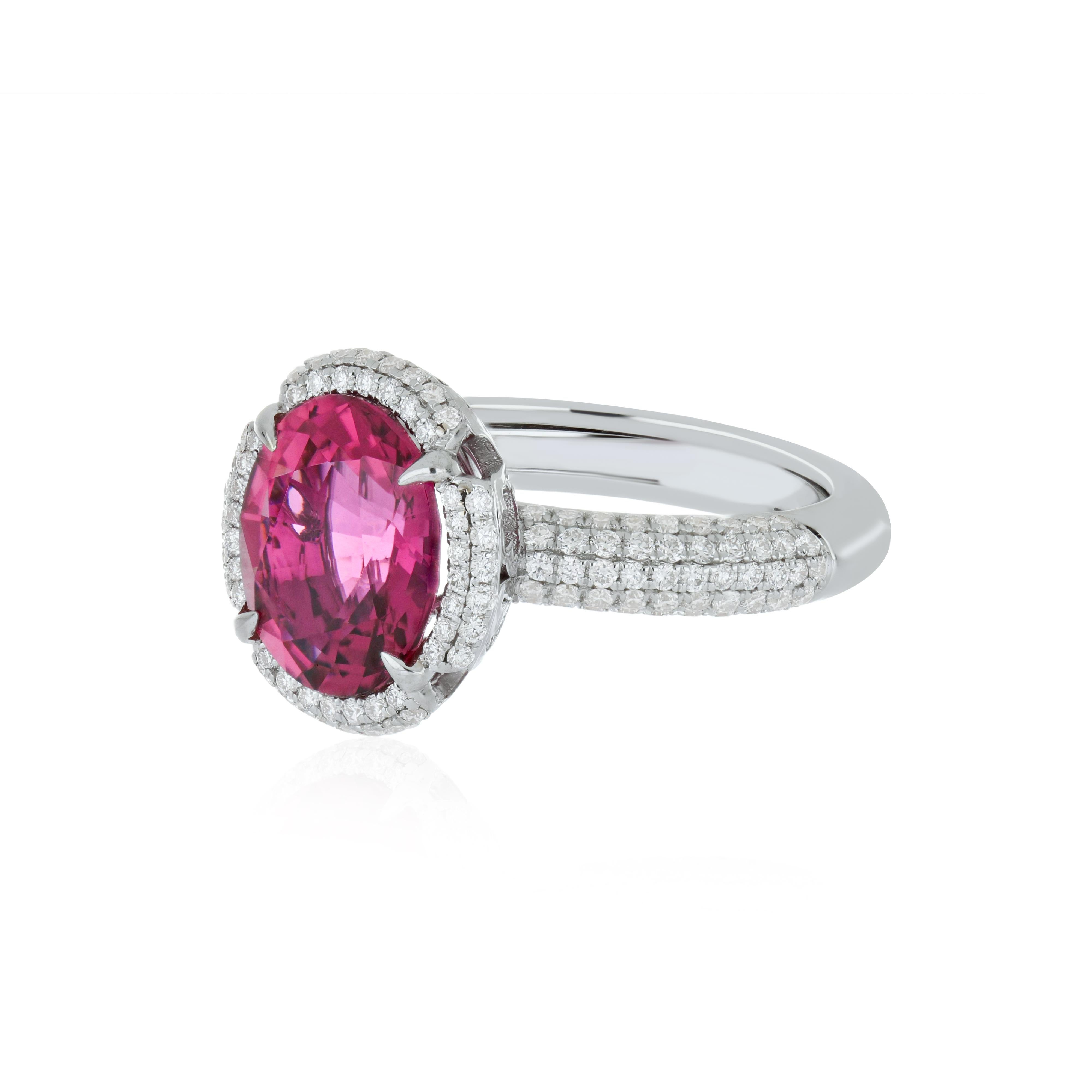 Oval Cut 4.3 Carat Rubellite and Diamond Studded Ring in 18K White Gold Ring For Sale