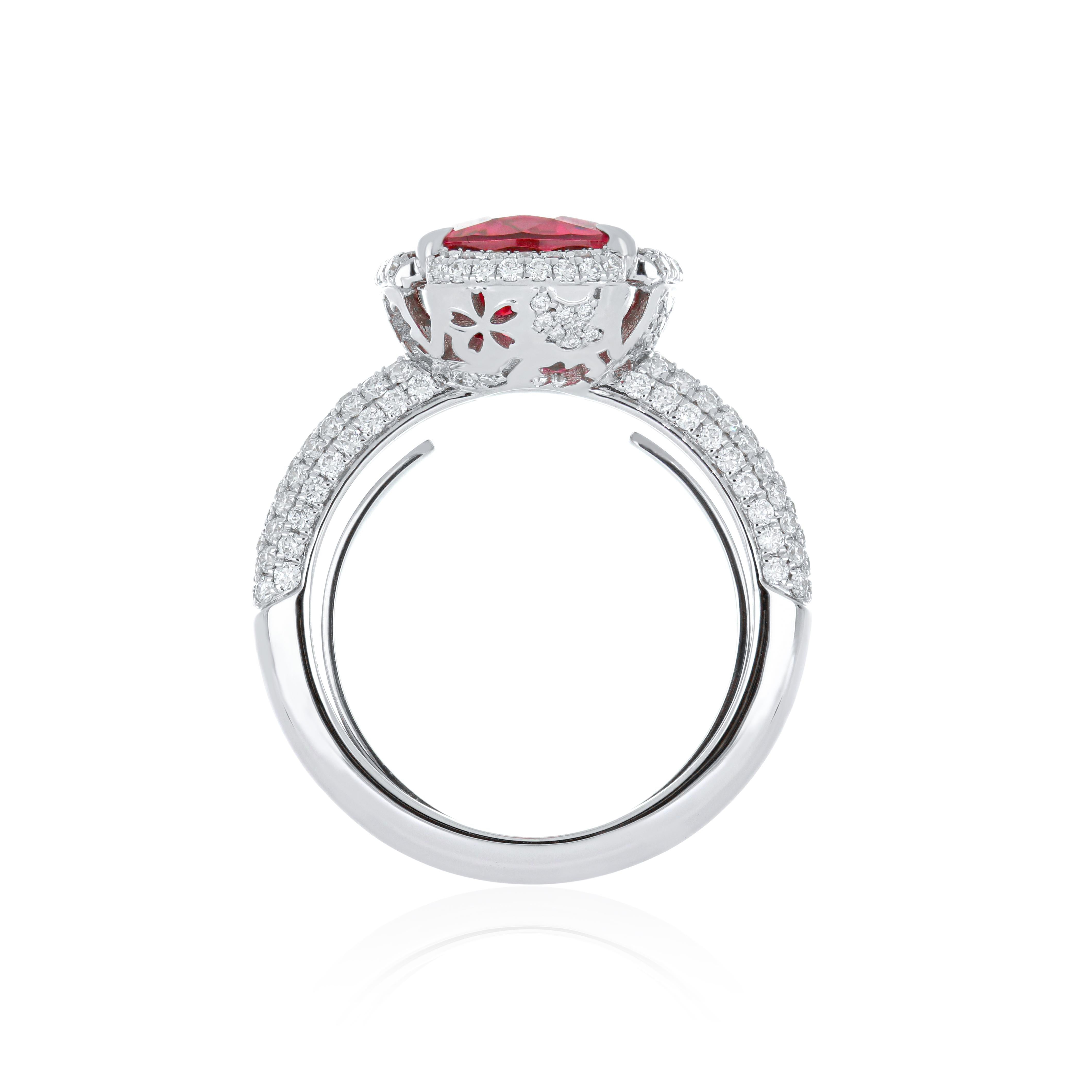 Women's 4.3 Carat Rubellite and Diamond Studded Ring in 18K White Gold Ring For Sale