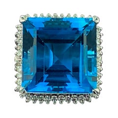 43 Carat Square Emerald Cut London Blue Topaz and Diamond Ring