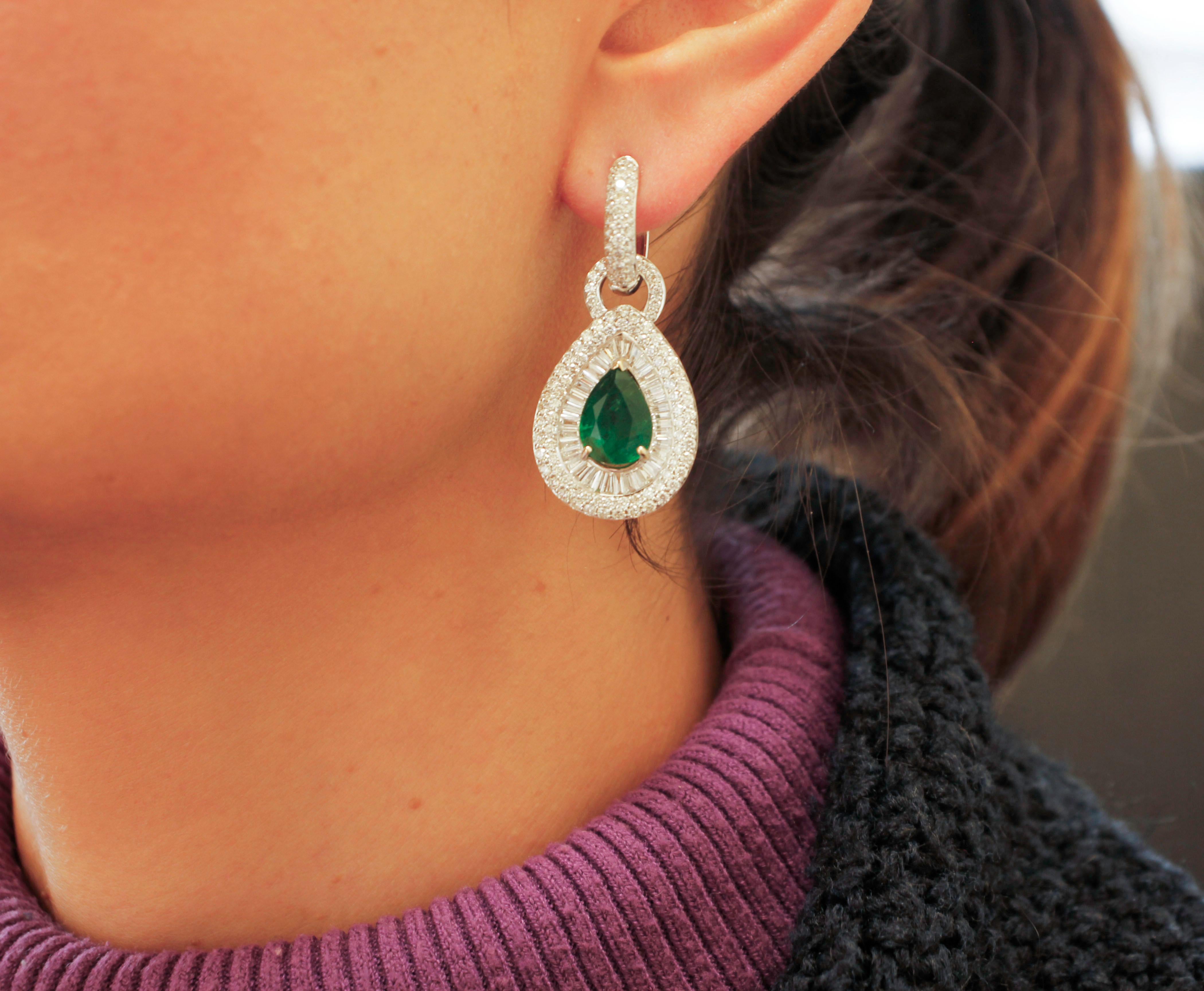 Women's 4.3 Ct Emerald Drops, 5.10 Ct White Diamonds, 18 Karat Gold Level-Back Earrings
