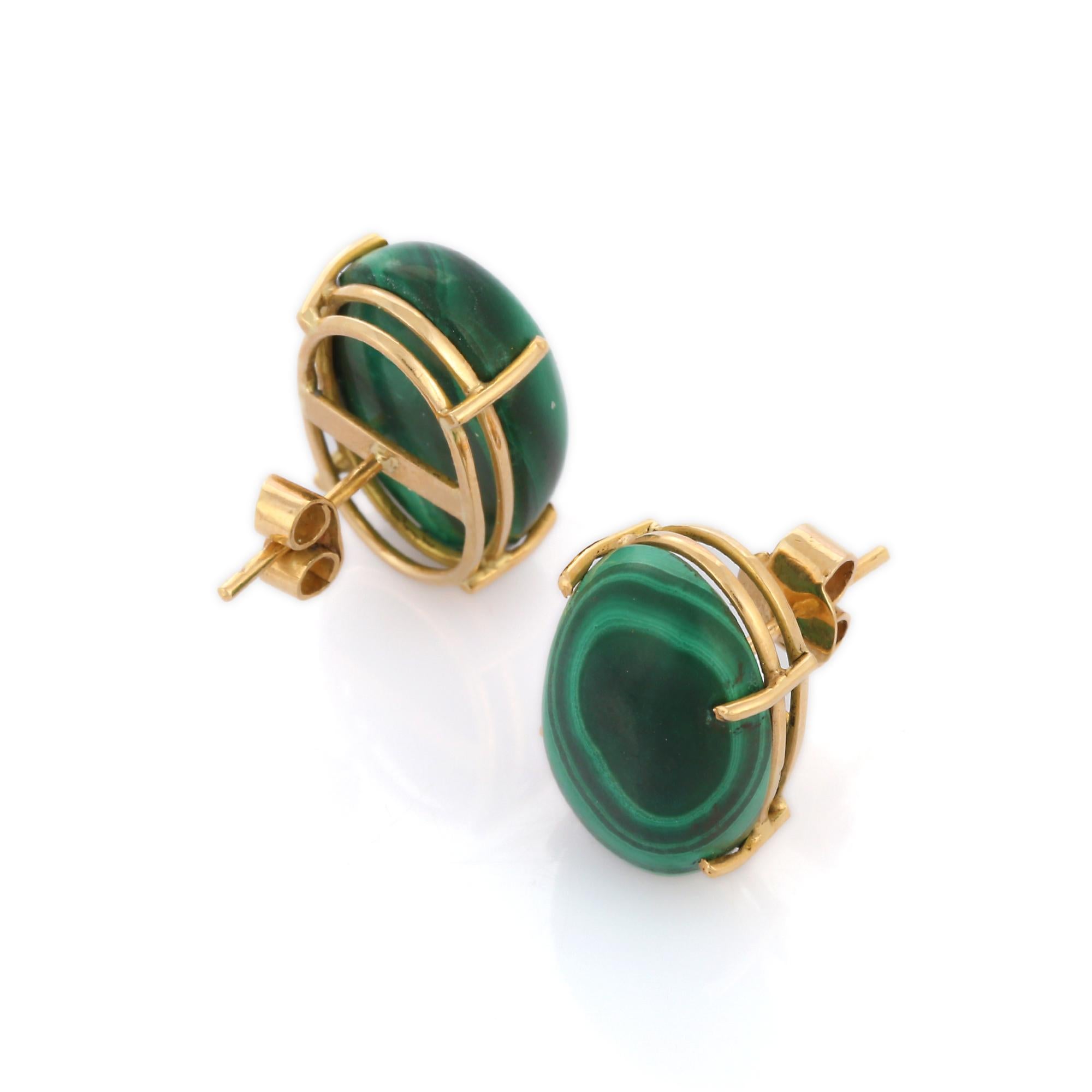 Studs create a subtle beauty while showcasing the colors of the natural precious gemstones.

Oval cut solitaire malachite studs in 18K gold. Embrace your look with these stunning pair of earrings suitable for any occasion to complete your