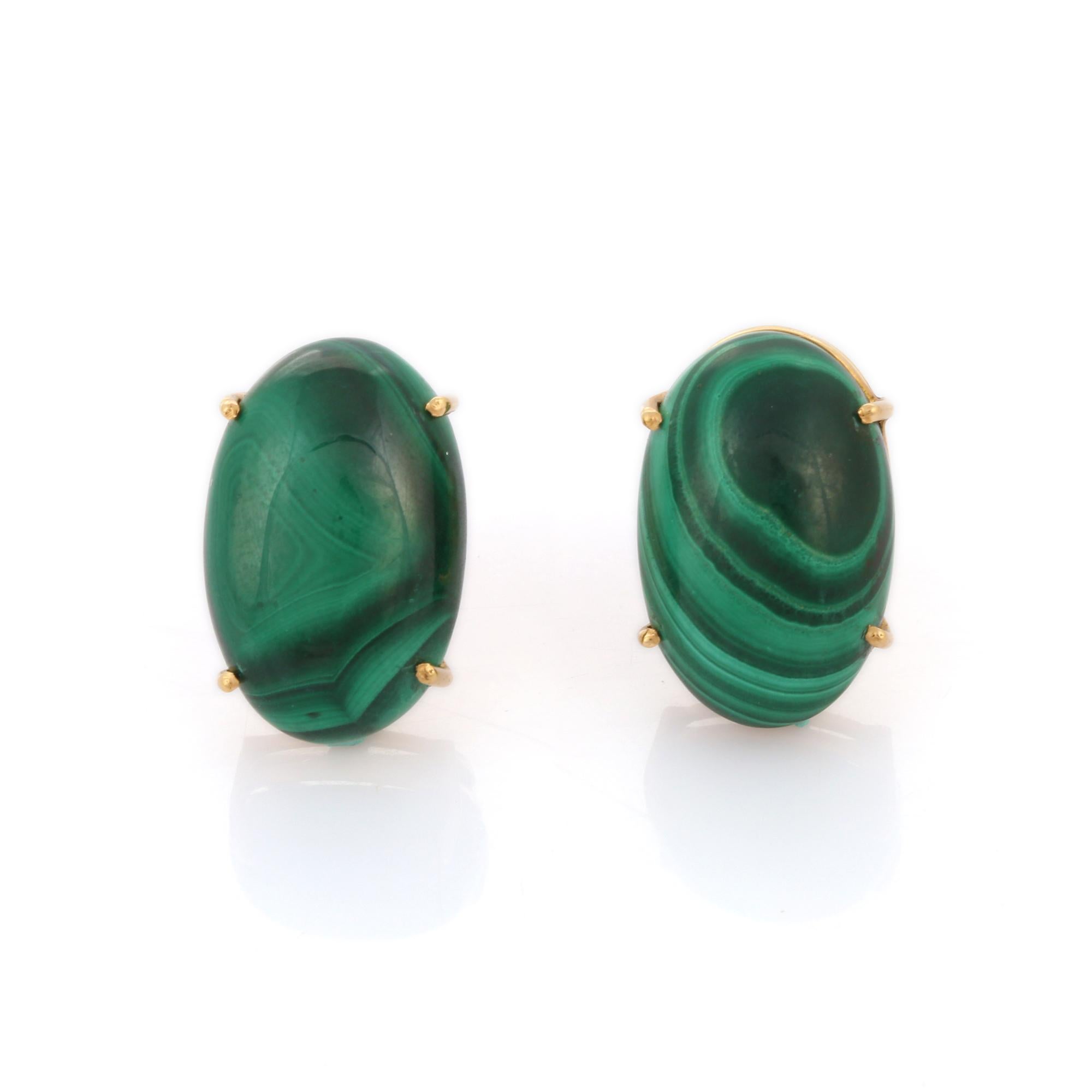 Modern Statement Elliptical Malachite Solitaire Stud Earrings in 18K Yellow Gold For Sale