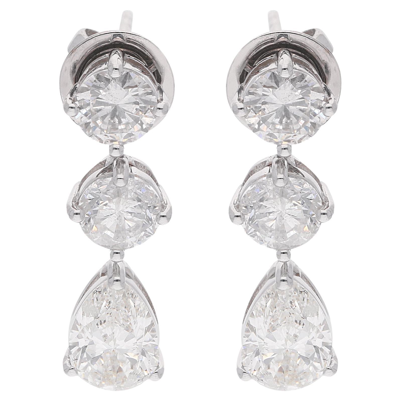 Pendientes Colgantes de Diamantes Pera Redondos SI/HI de 4,3 qt Oro Blanco de 14 Kilates Joyería Fina