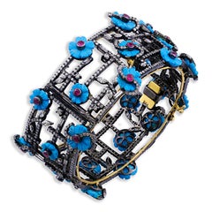 43cttw Diamond, Ruby and Turquoise Victorian Bangle in 18k / 925 Silver