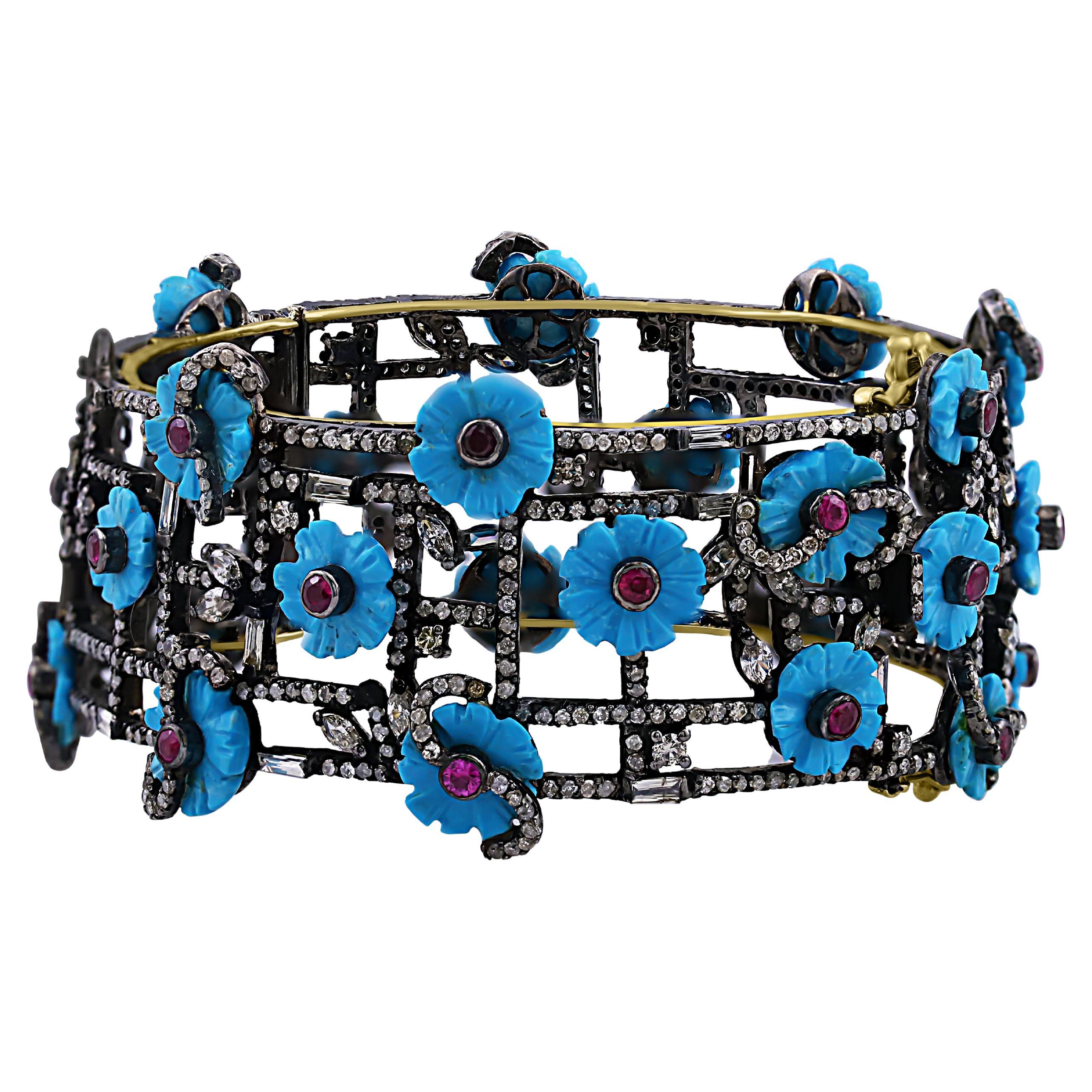 43 Ct. T.W. Bracelet victorien en argent 18K / 925 avec diamant, rubis et turquoise en vente