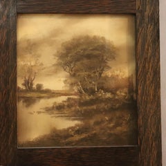 43" Stickley Style Arts & Crafts Oak Trumeau Printed Landscape Wall Mirror c1920