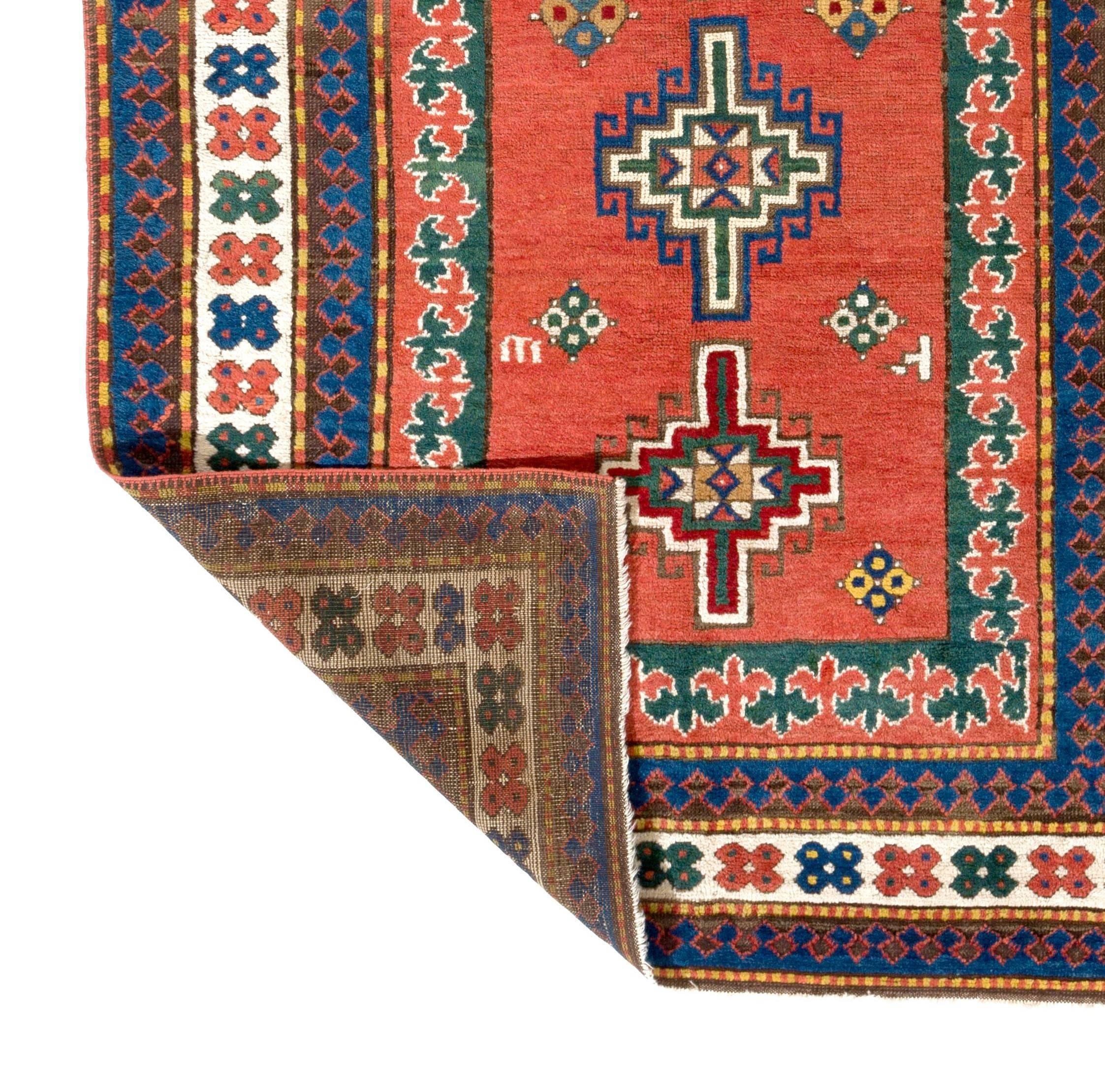 Antique Caucasian Kazak rug, circa 1875.
All wool and natural dyes. Very good condition. Sturdy and as clean as a brand new rug (deep washed professionally). Measures:  4'3
