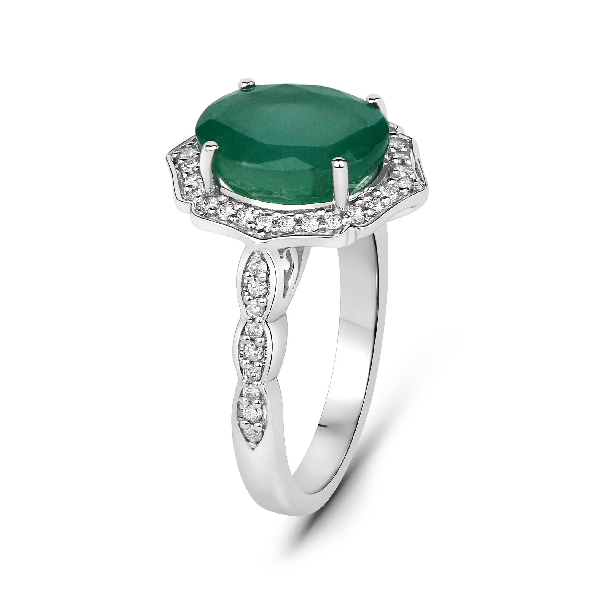 Oval Cut 4.30 Carat Brazilian Emerald and Diamond 14 Karat White Gold Cocktail Ring For Sale