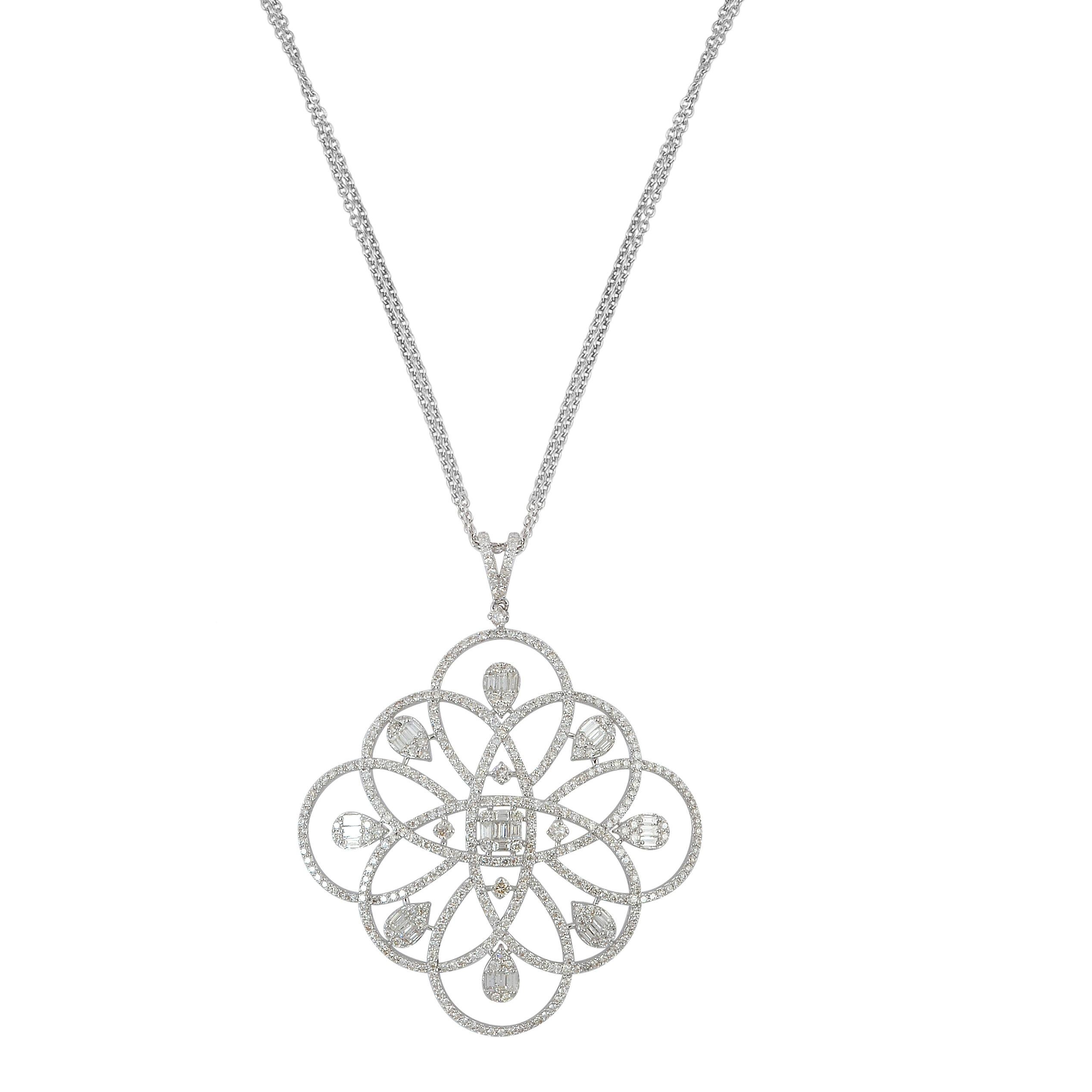 Women's 4.30 Carat Diamond Floral Design Pendant 18 Karat White Gold Handmade Jewelry For Sale