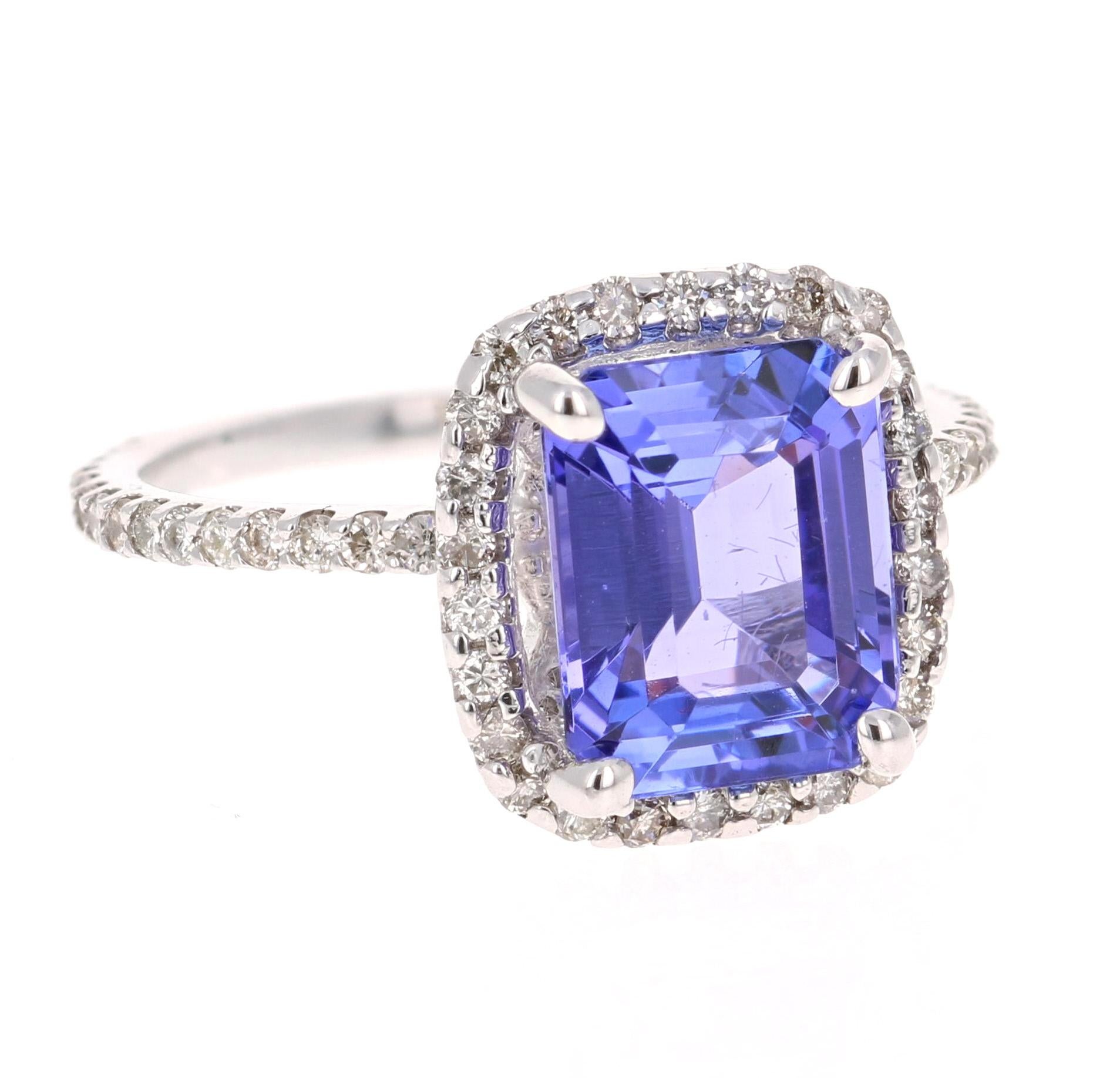 Modern 4.30 Carat Emerald Cut Tanzanite Diamond White Gold Engagement Ring For Sale
