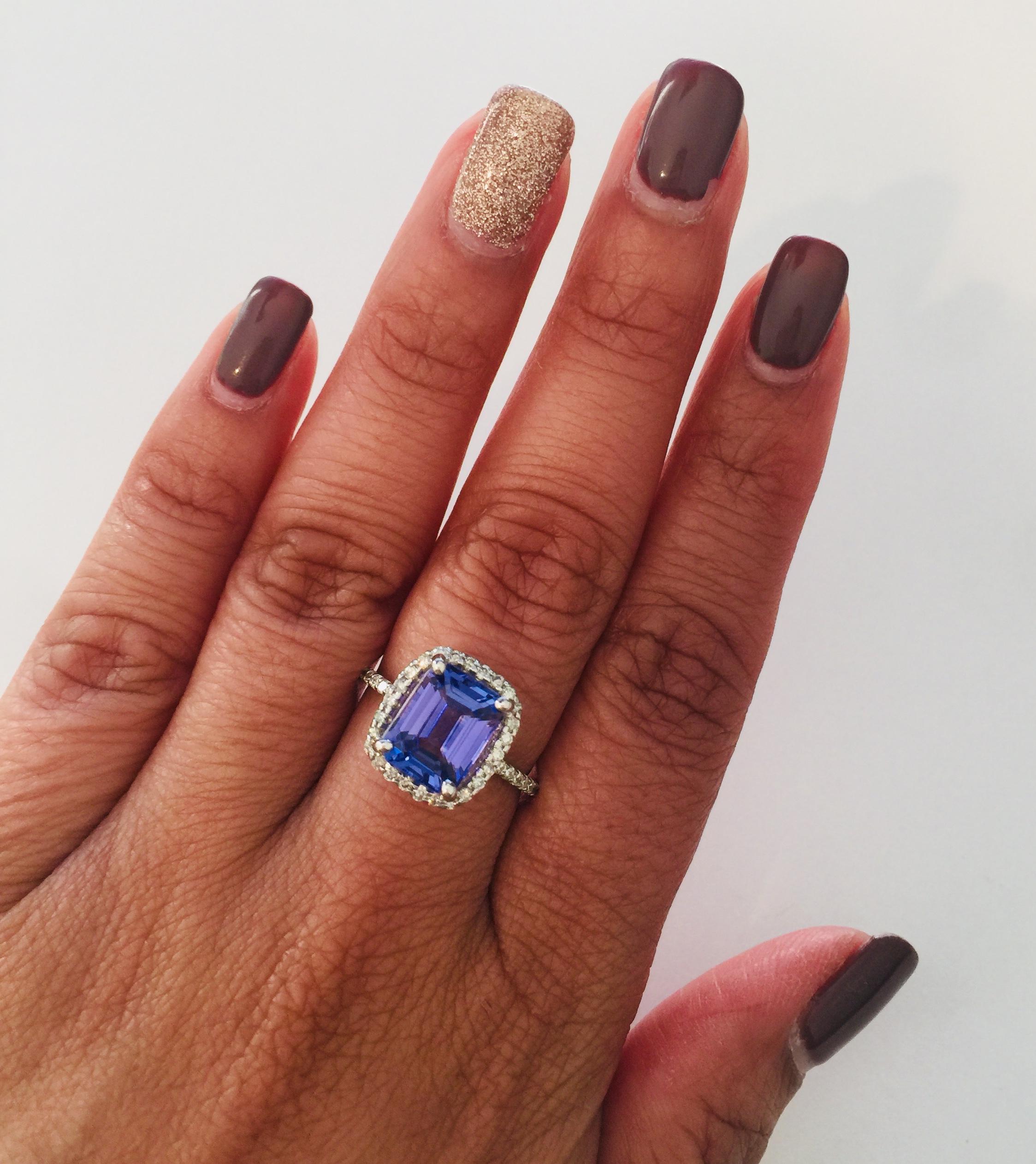 Women's or Men's 4.30 Carat Emerald Cut Tanzanite Diamond White Gold Engagement Ring For Sale