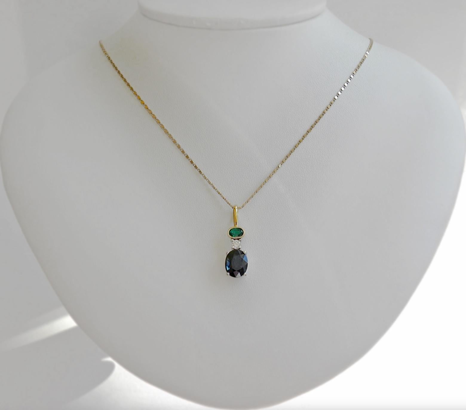 4.30 Carat Estate Blue Sapphire Emerald and Diamond Drop Pendant Necklace 3