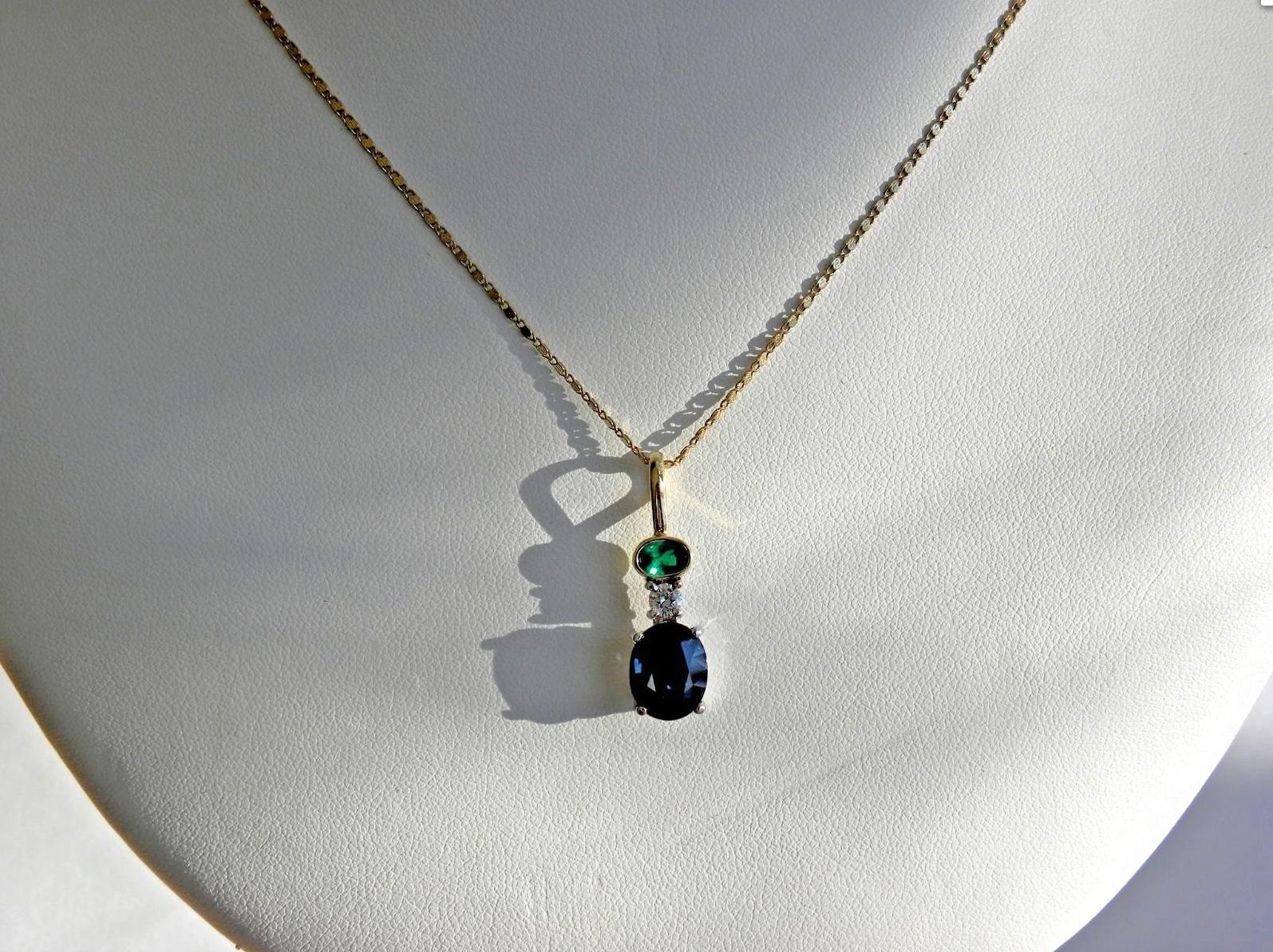 4.30 Carat Estate Blue Sapphire Emerald and Diamond Drop Pendant Necklace 1