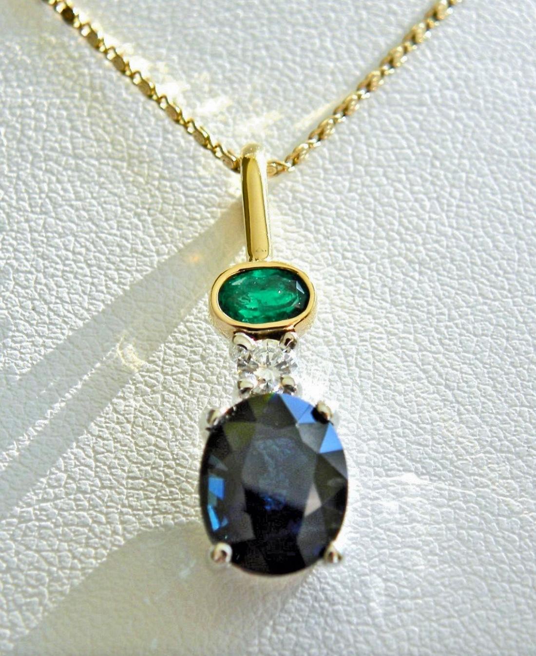 4.30 Carat Estate Blue Sapphire Emerald and Diamond Drop Pendant Necklace 2