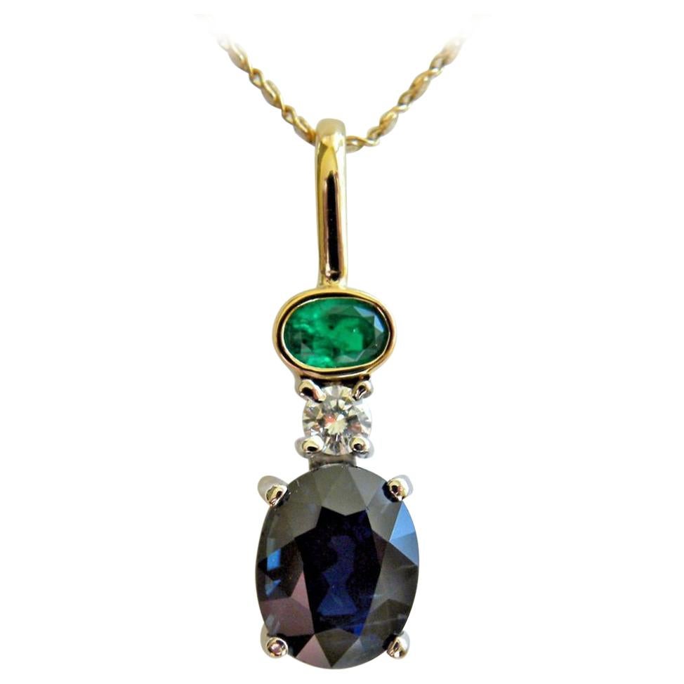 4.30 Carat Estate Blue Sapphire Emerald and Diamond Drop Pendant Necklace