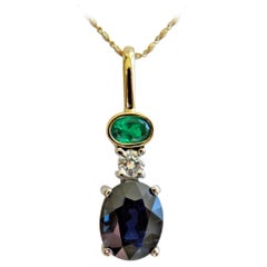 4.30 Karat Estate Blauer Saphir Smaragd und Diamant Tropfen-Anhänger Halskette