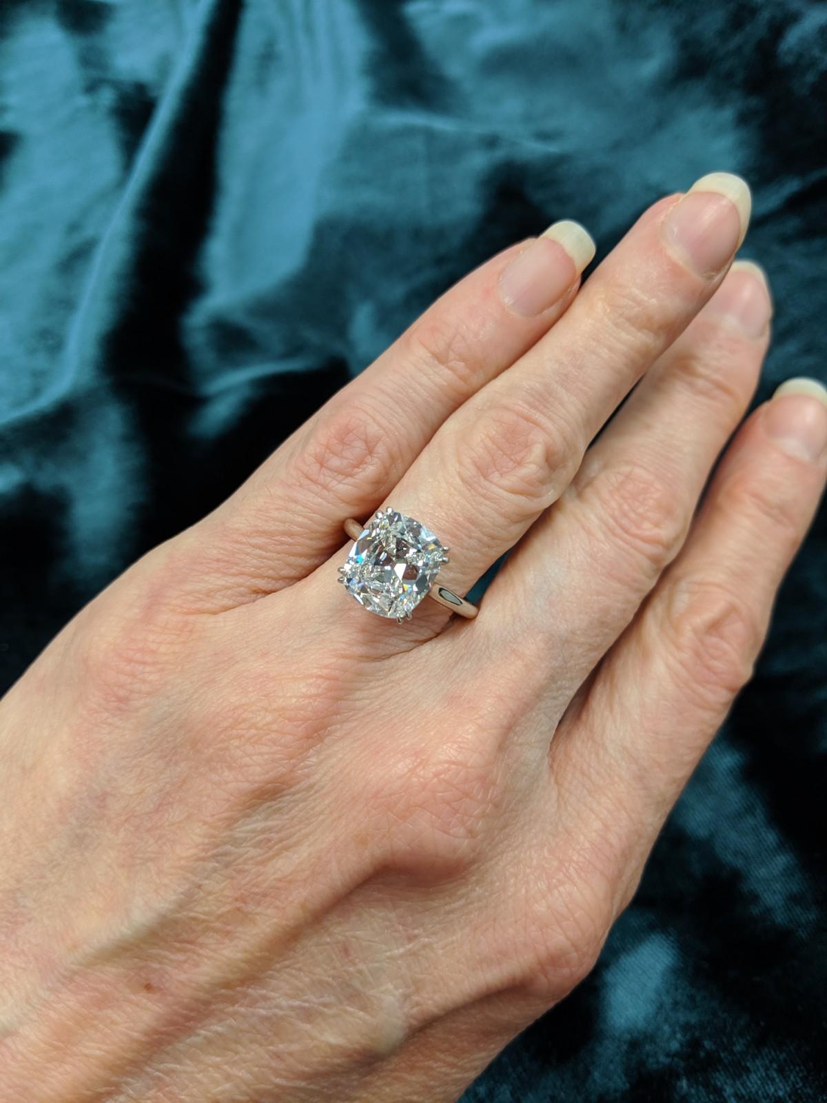 New York City Style......This 4.30 carat F color VVS1 clarity diamond solitaire by Jack Reiss is mounted in platinum and features a center classic antique cut cushion brilliant diamond.  Graded by GIA as F color VVS1 clarity, the report number is #