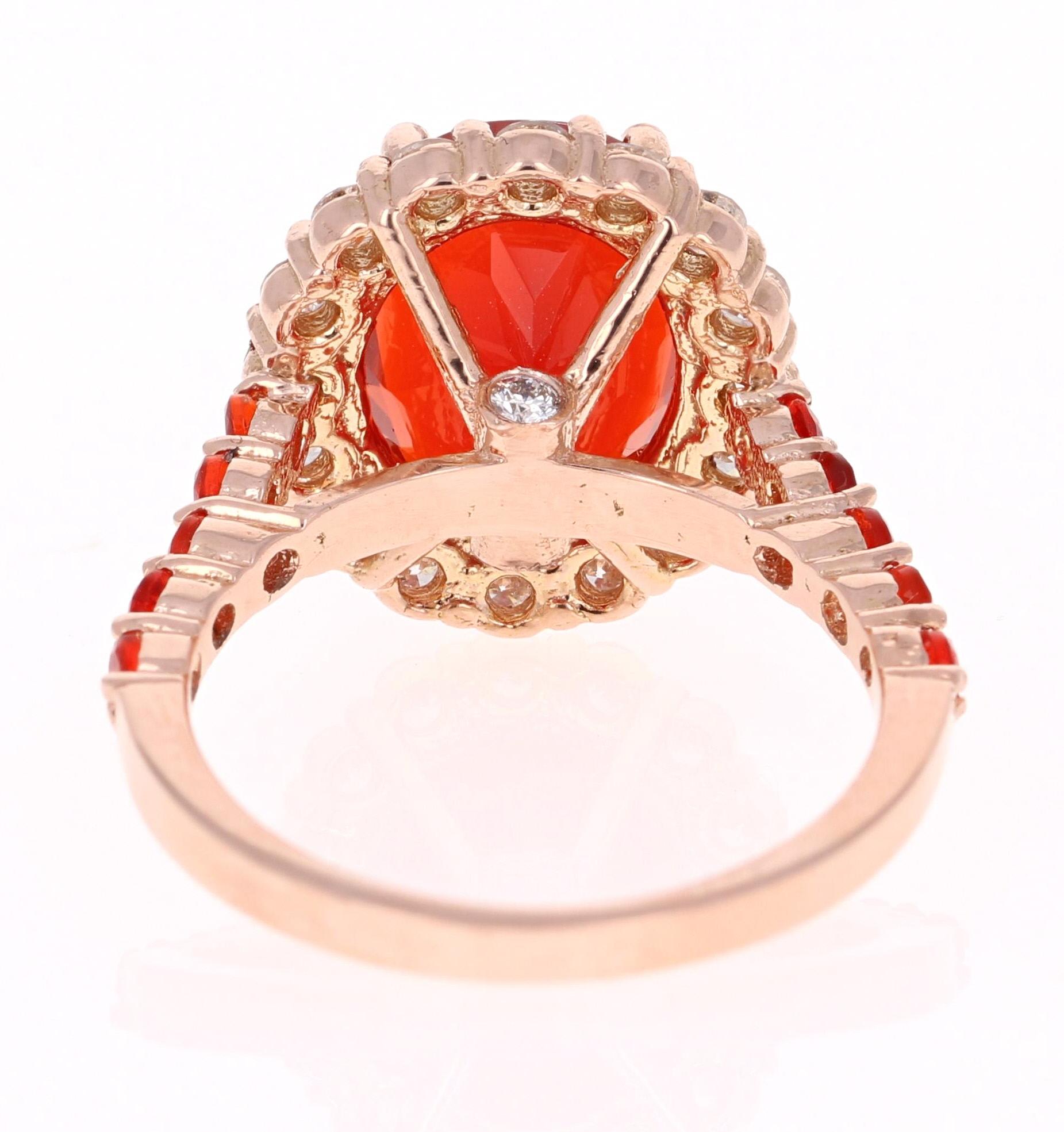 Oval Cut 4.30 Carat Fire Opal Diamond Rose Gold Cocktail Ring