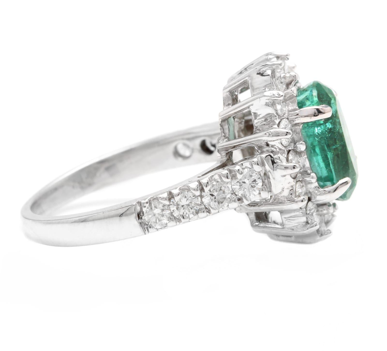 Emerald Cut 4.30 Carat Natural Emerald and Diamond 14 Karat Solid White Gold Ring For Sale