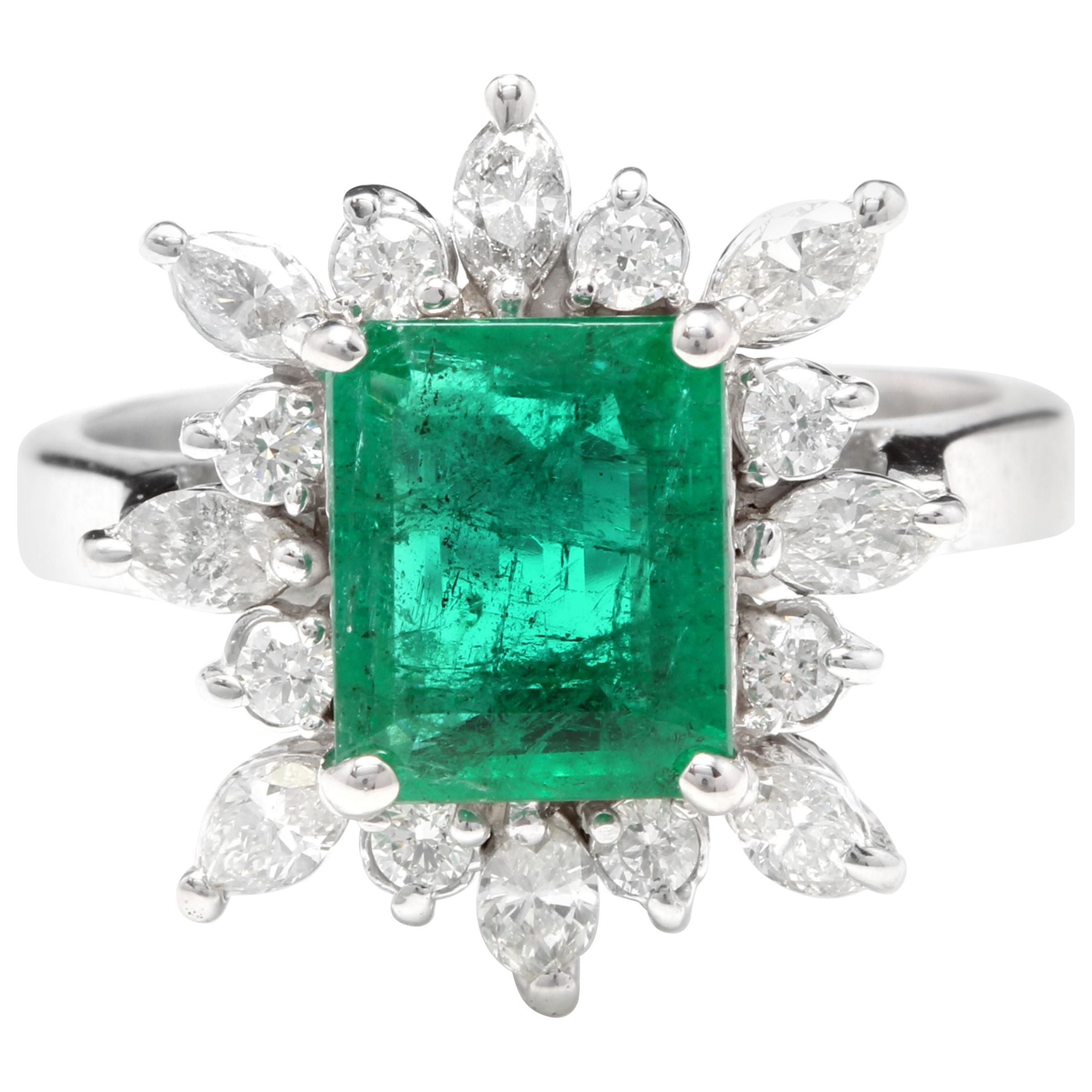 4.30 Carat Natural Emerald and Diamond 14 Karat Solid White Gold Ring For Sale