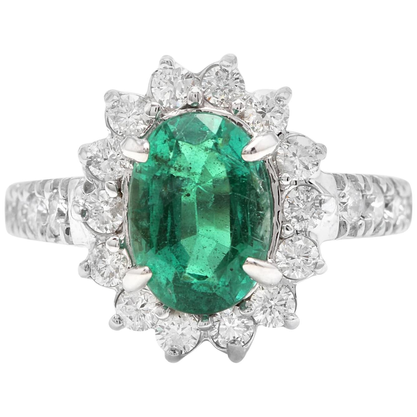 4.30 Carat Natural Emerald and Diamond 14 Karat Solid White Gold Ring For Sale