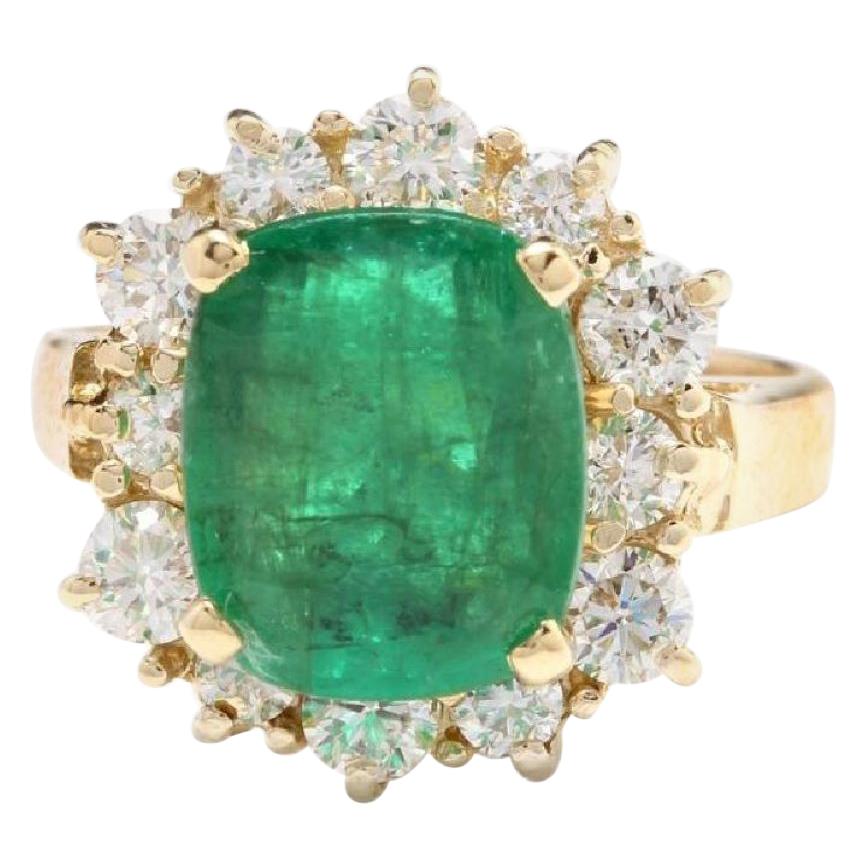 4.50 Carat Natural Emerald and Diamond 14 Karat Solid Yellow Gold Ring For Sale