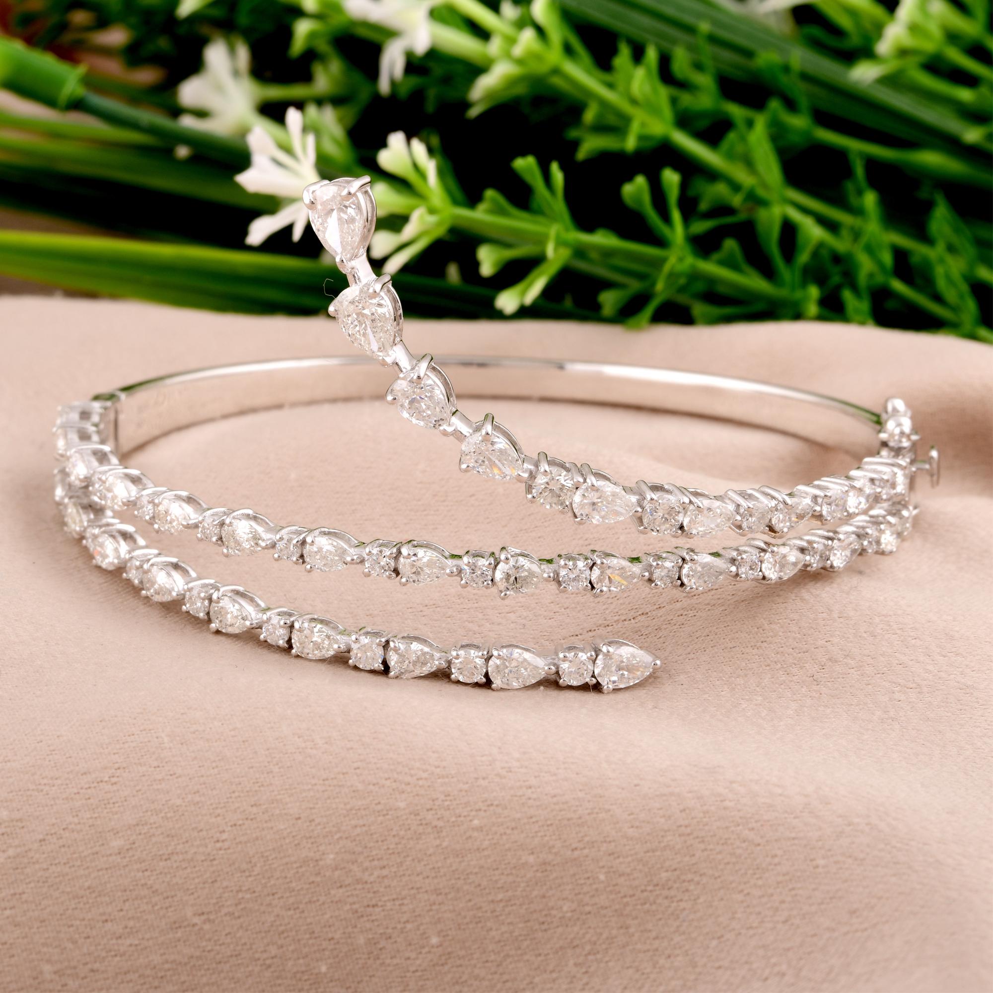 Women's 4.30 Carat Pear & Round Diamond Wrap Bangle Bracelet 18 Karat White Gold Jewelry For Sale
