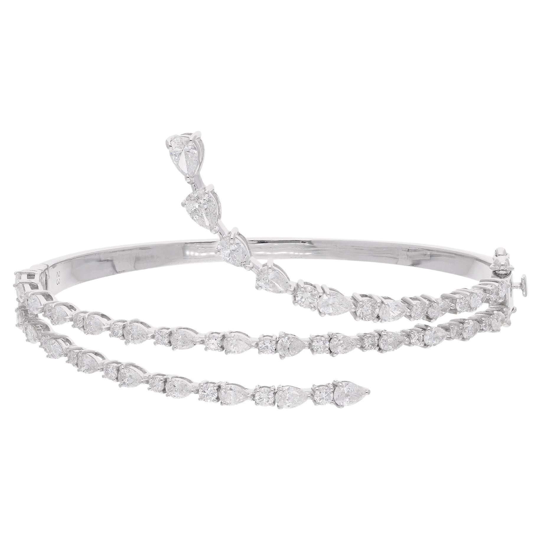 4.30 Carat Pear & Round Diamond Wrap Bangle Bracelet 18 Karat White Gold Jewelry For Sale