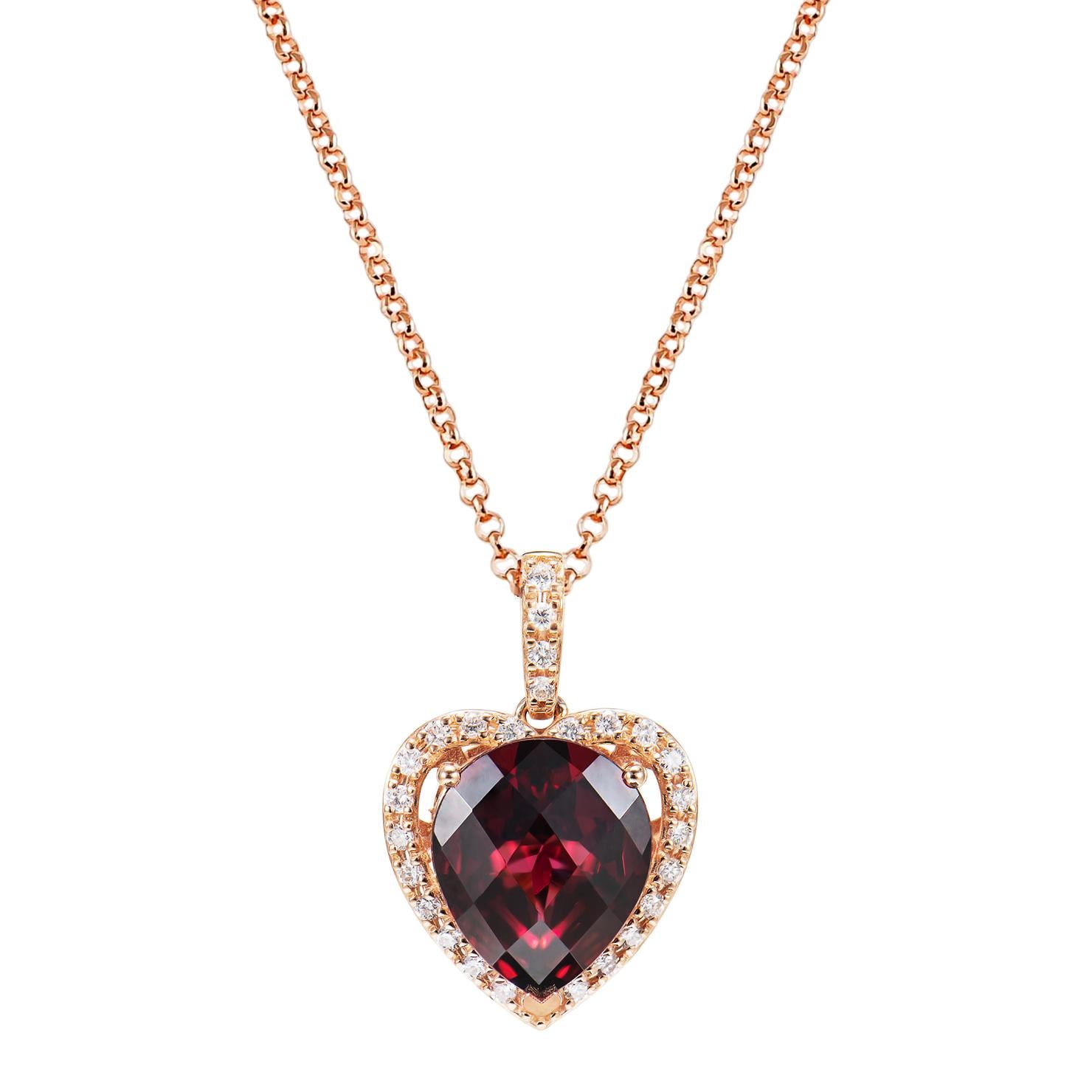 Pear Cut 4.30 Carat Rhodolite Pendant in 18 Karat Rose Gold with Diamond For Sale