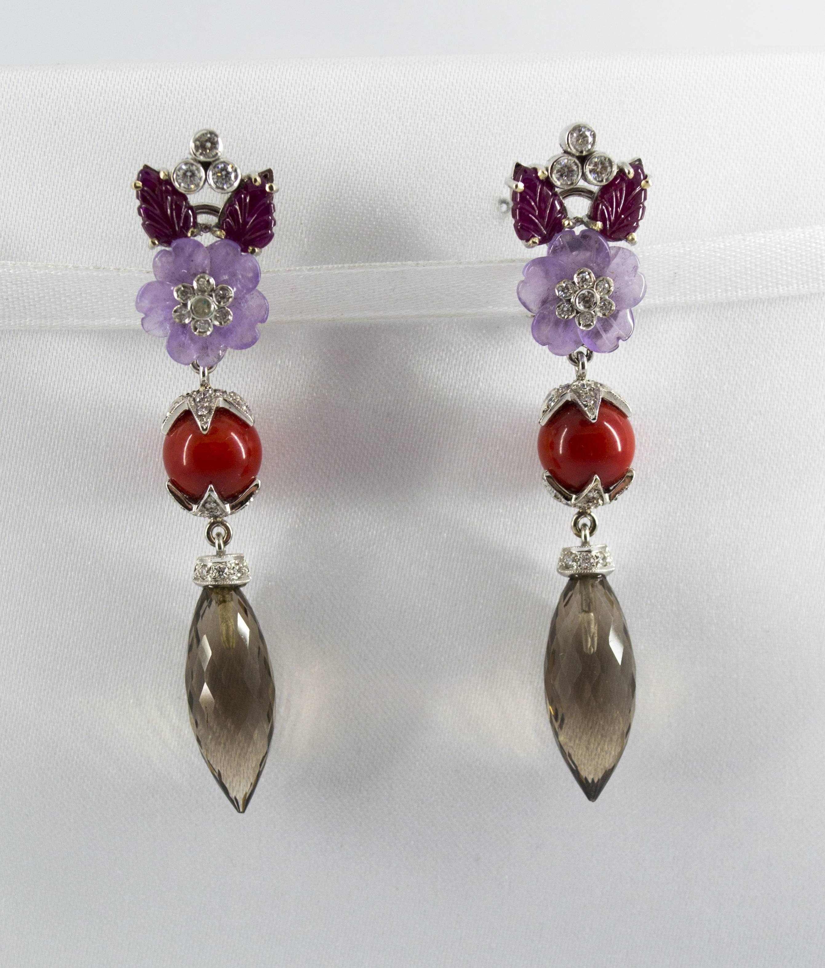 Art Nouveau 4.30 Carat Ruby 1.10 Carat Diamond Agate Fume Quartz White Gold Clip-On Earrings For Sale