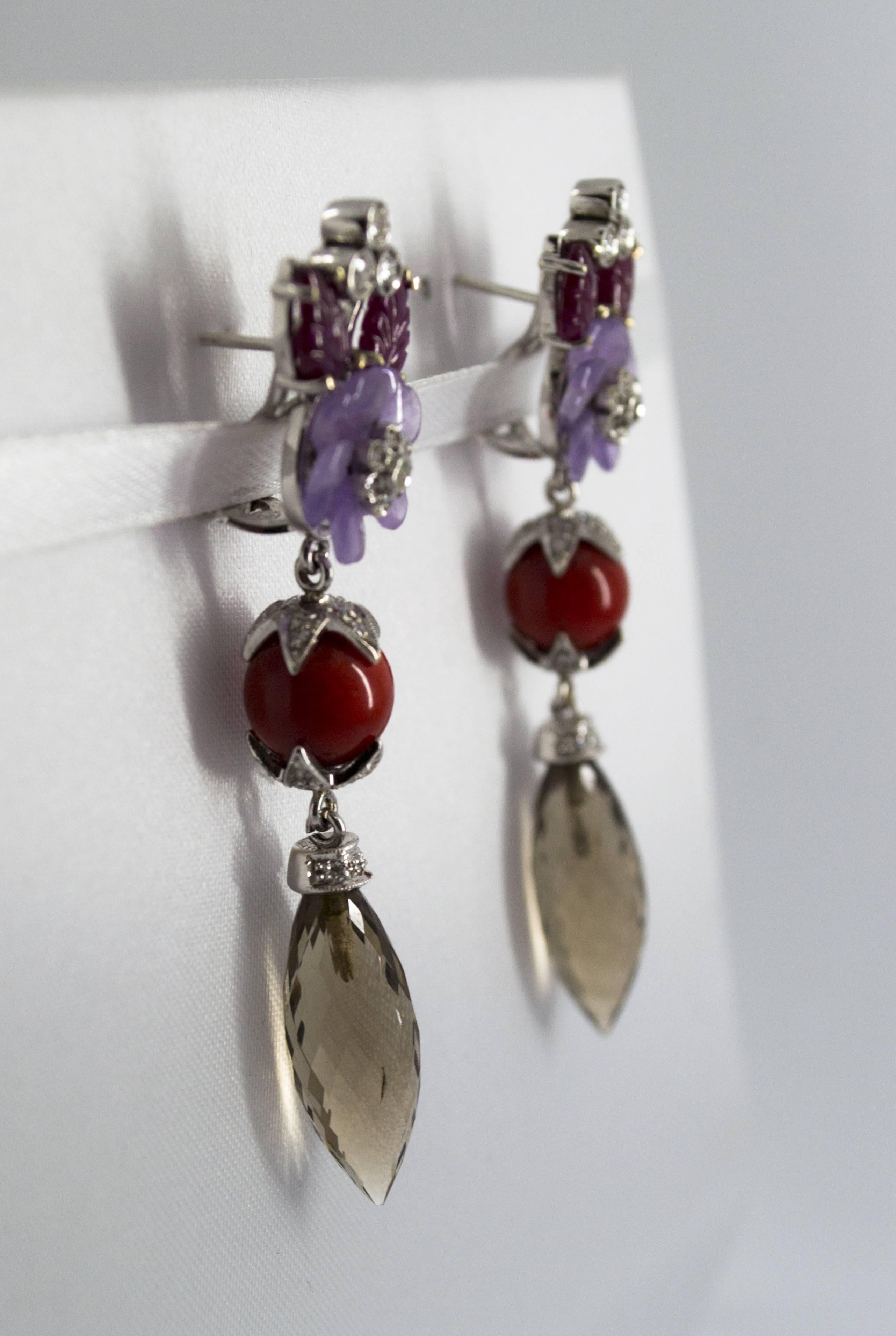 4.30 Carat Ruby 1.10 Carat Diamond Agate Fume Quartz White Gold Clip-On Earrings In New Condition For Sale In Naples, IT