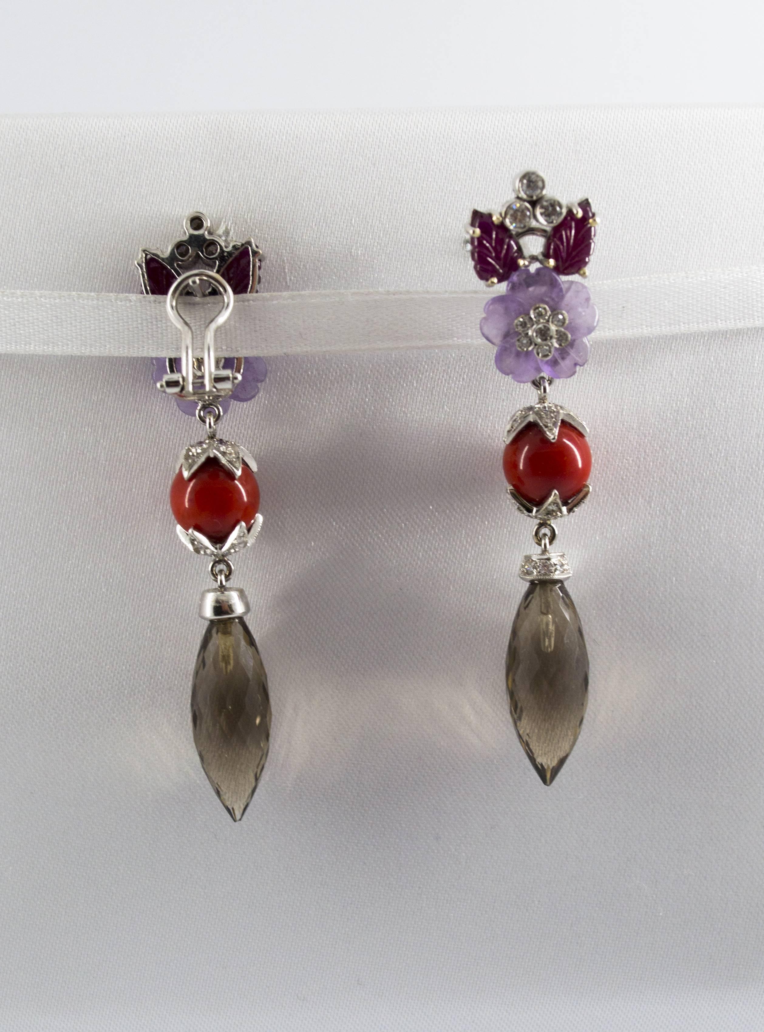 Clips d'oreilles en or blanc avec agate, quartz et rubis de 4,30 carats et diamants de 1,10 carat en vente 1